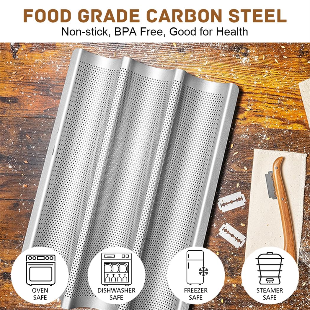 Nonstick Baguette Pan - 3 Loaves French Bread Baking Tray with Thick Proofing Cloth & Dough Couche - 15