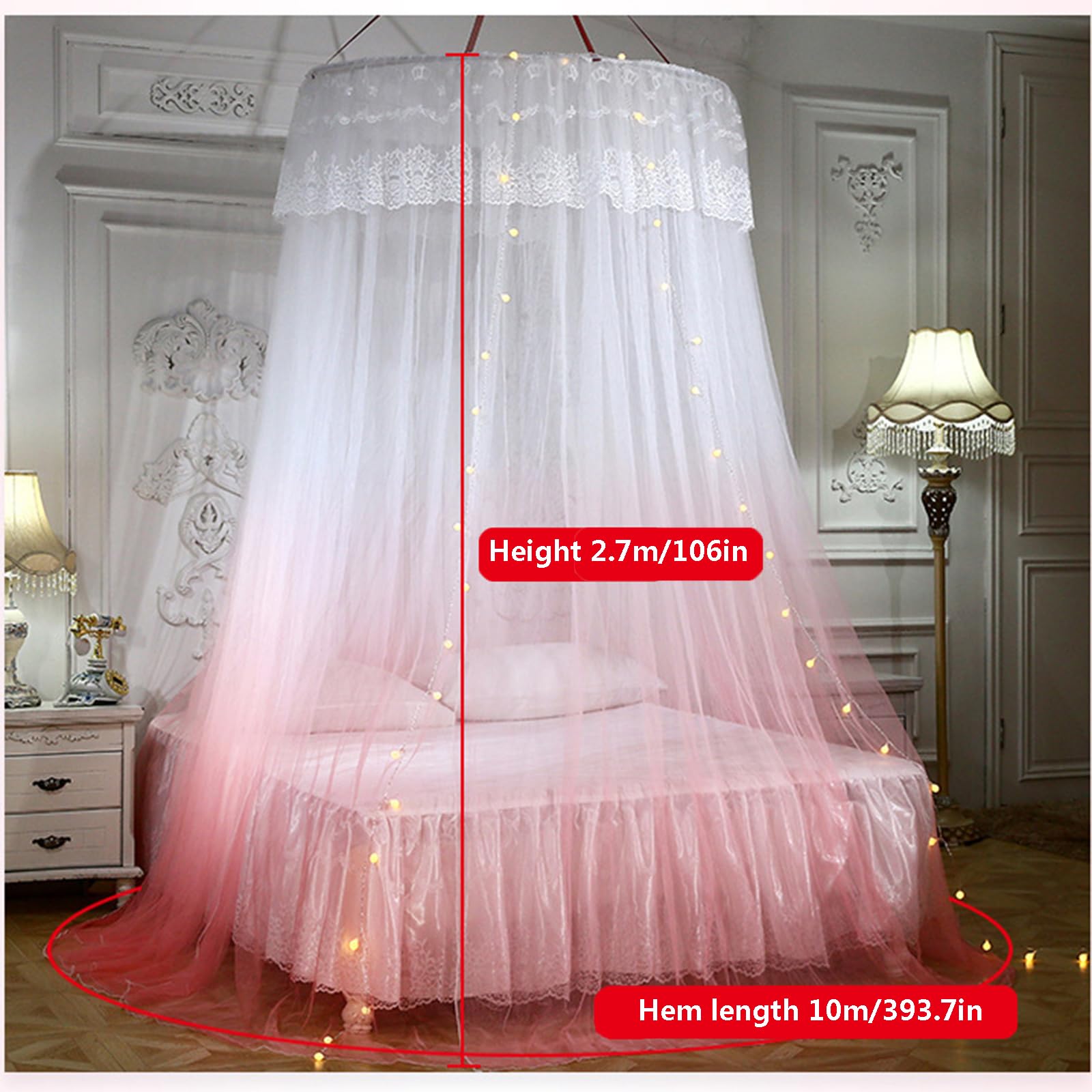 Walkervo Mosquito Net Bed Canopy with LED Lights - Dome Princess Bed Tent with Round Lace Design, Hanging Mosquito Net for Double/Single Beds (Purple) - Perfect for Kids' Rooms, Camping & Outdoor Adventures