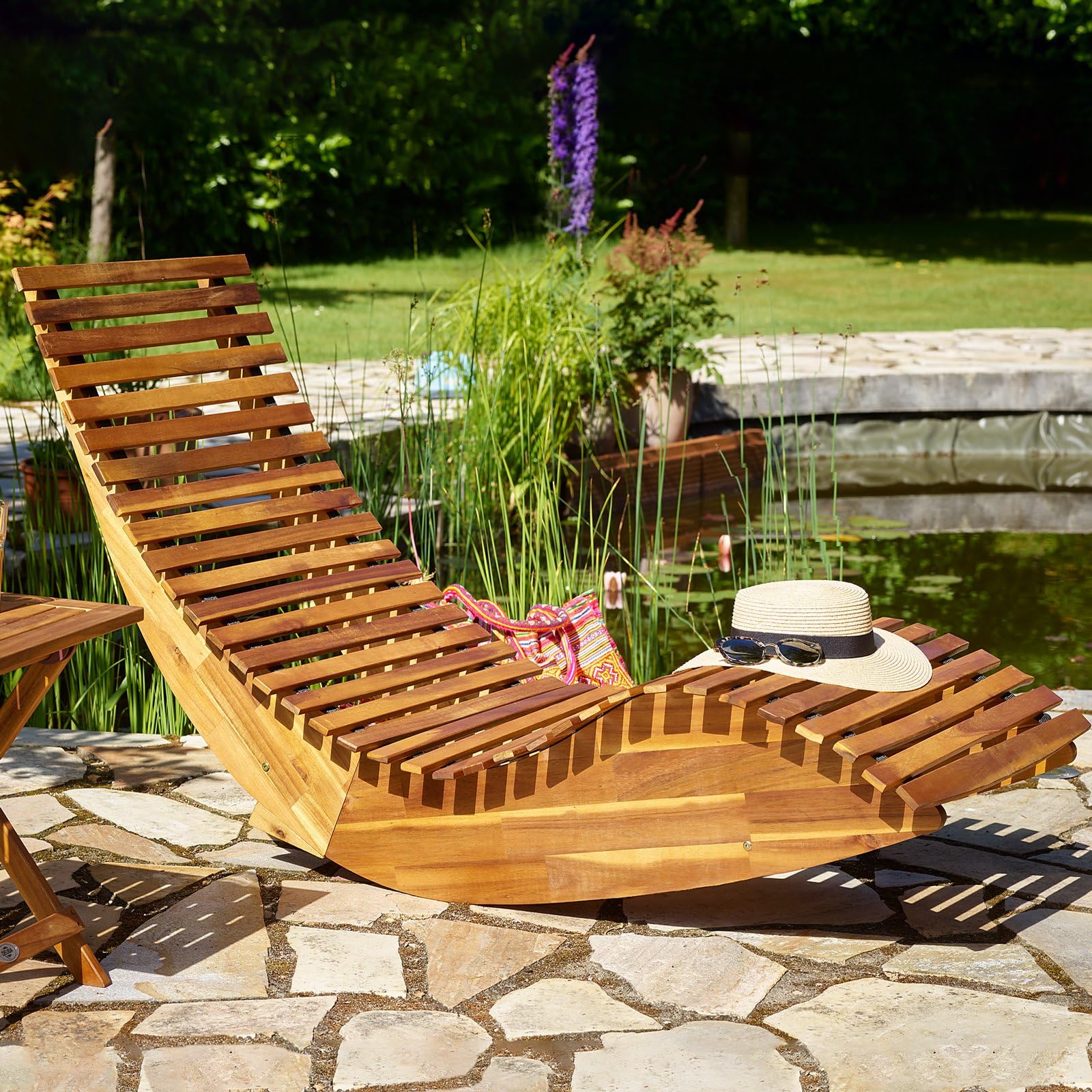 Acacia Wood Rocking Chaise Lounge Chair - 330 lbs Weight Capacity Outdoor Patio Furniture for Poolside, Garden, Sauna & Relaxation