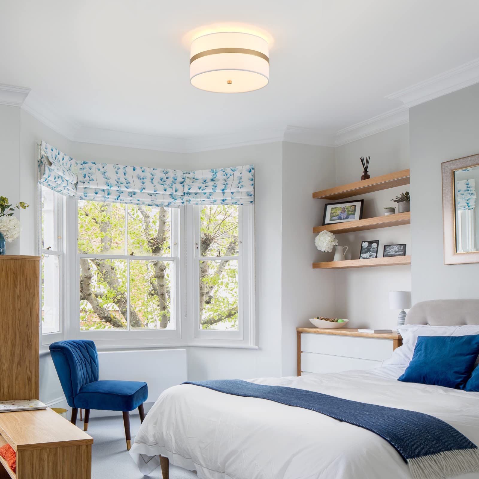 Modern Semi Flush Mount Ceiling Light Fixture - 3-Light Thin Pale Gold Brushed Finish with Cream White Fabric Drum Shade | Perfect for Nursery, Kids Room, Bedroom, Kitchen, Hallway & Entryway Lighting