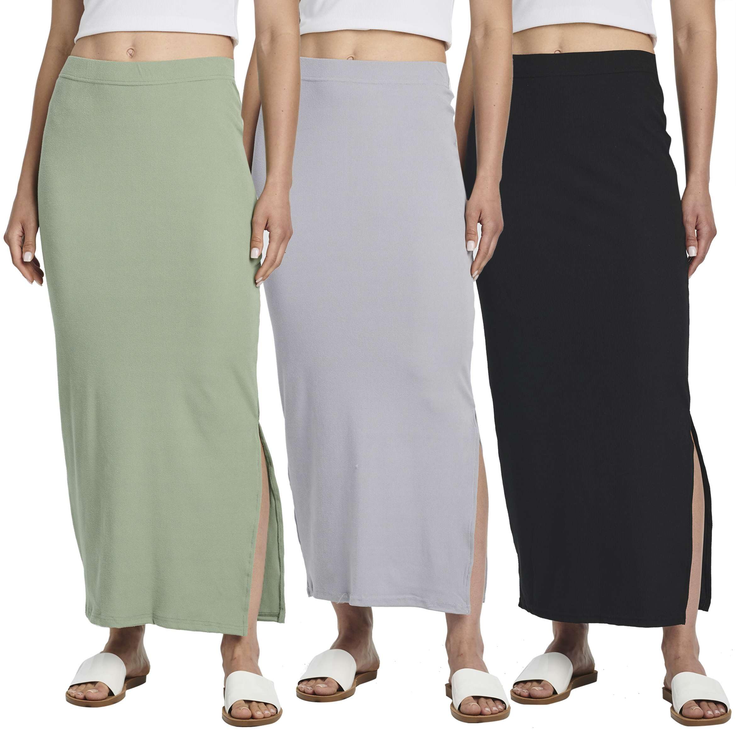 Real Essentials 3 Pack Women's Ribbed High Waisted Maxi Skirt with Side Slit - Stretchy Long Pencil Skirt for Women, Plus Size Options - Perfect for Office, Date Night & Casual Outings