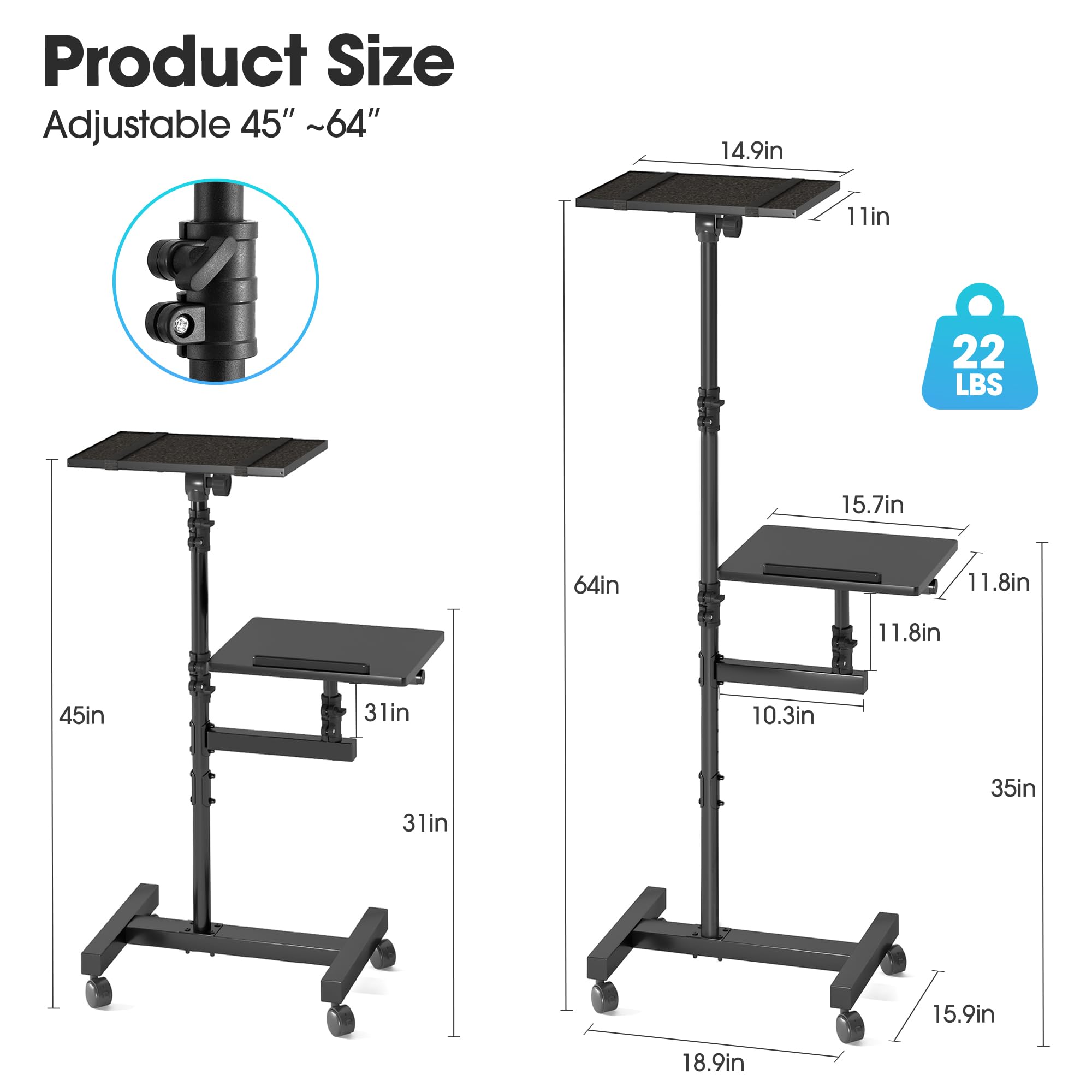Adjustable Height Projector Stand Tripod with 2 Shelves - Mobile Rolling Desk Cart on Wheels (45