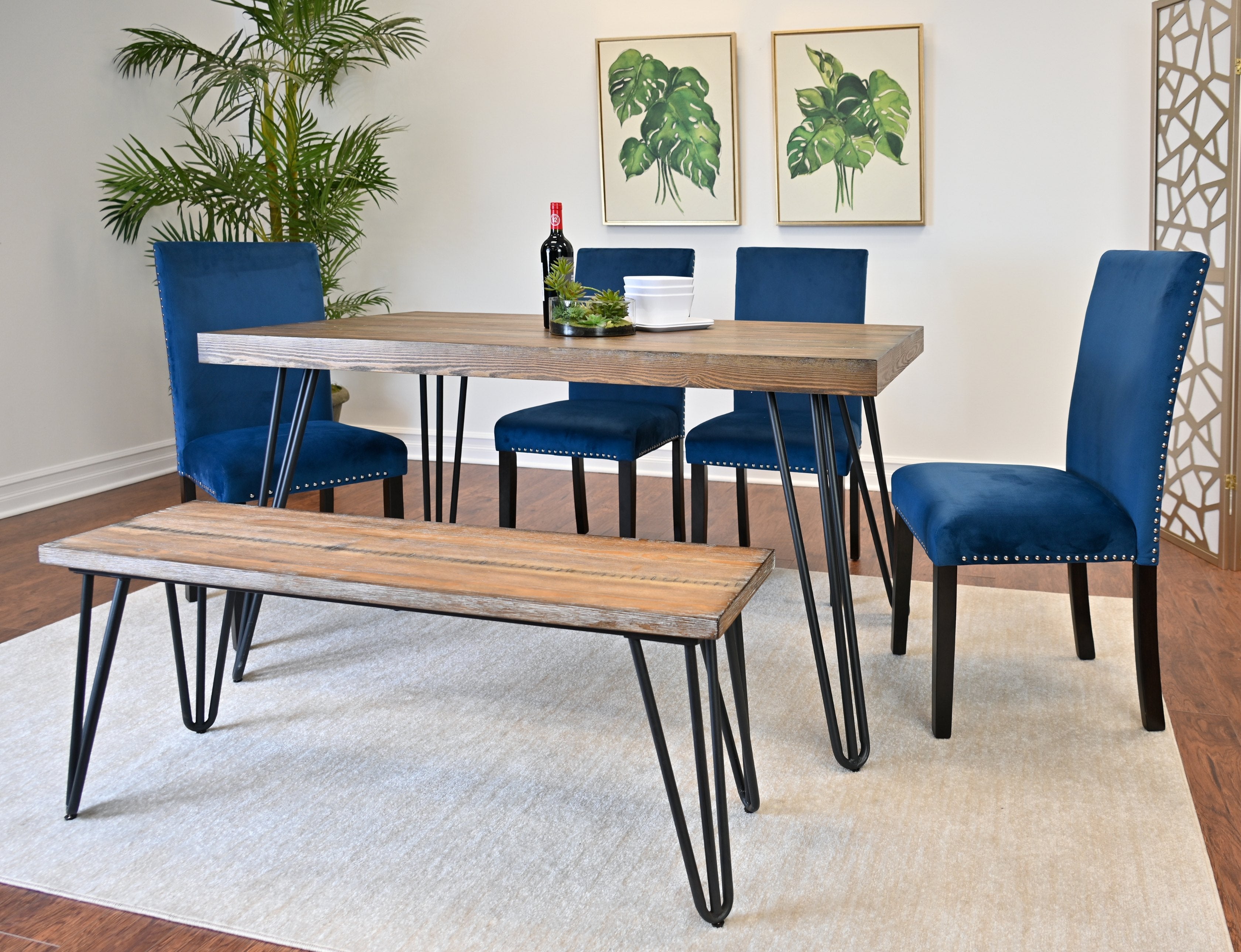 Roundhill Furniture Ashzo 6-Piece Dining Set with Hairpin Leg Table, 4 Chairs & Bench - Modern Kitchen & Dining Room Furniture for Small Spaces | Perfect for Breakfast Nook, Apartment Dining, and Entertaining Guests