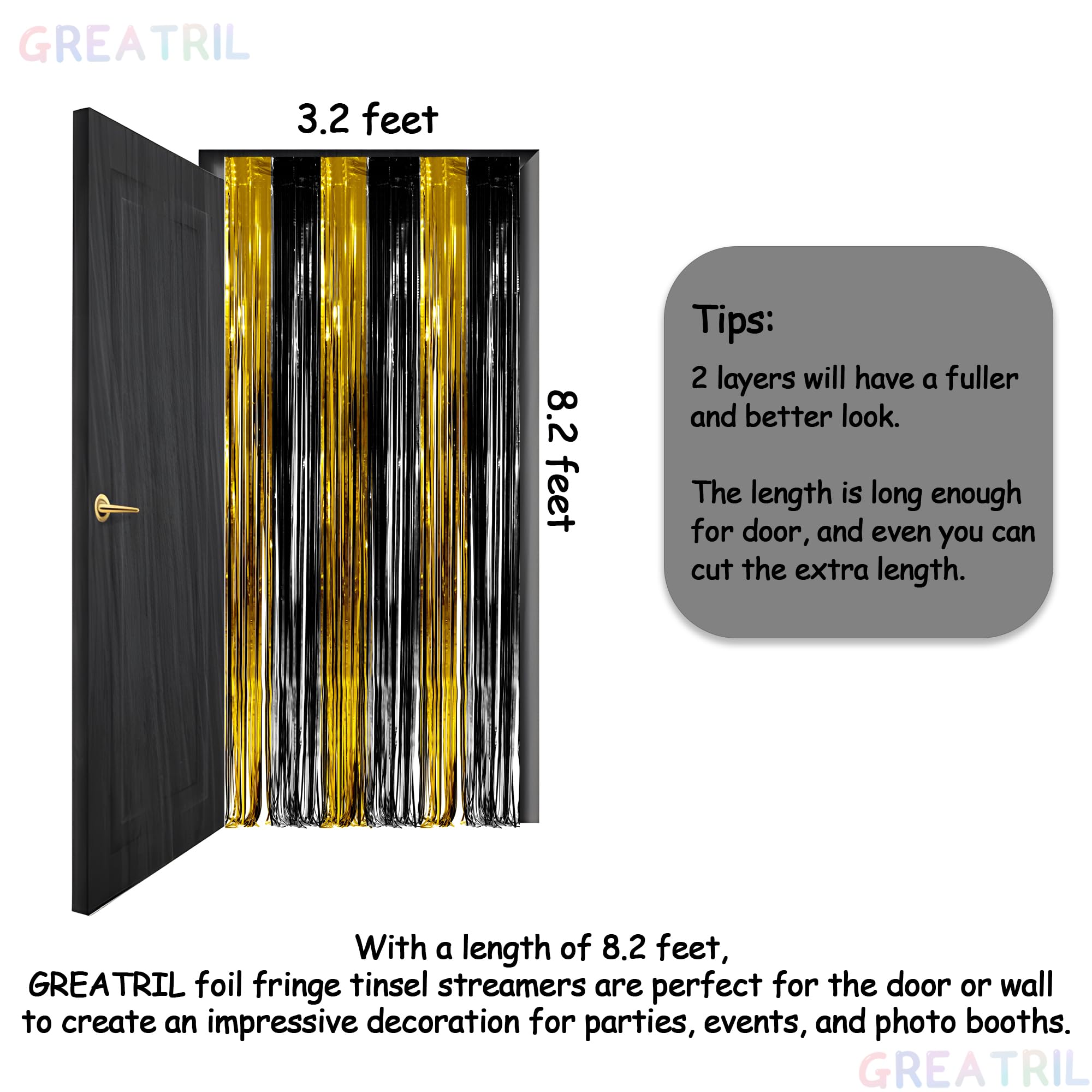 Premium Black & Gold Party Streamers Decorations - GREATRIL Foil Fringe Backdrop for New Year's Eve, Anniversary, Birthday, Prom, Cocktail Party, EID Celebration - 3.2ft x 8.2ft - 2 Pack - Perfect for Wall Decor, Photo Booth Background & Event Styling