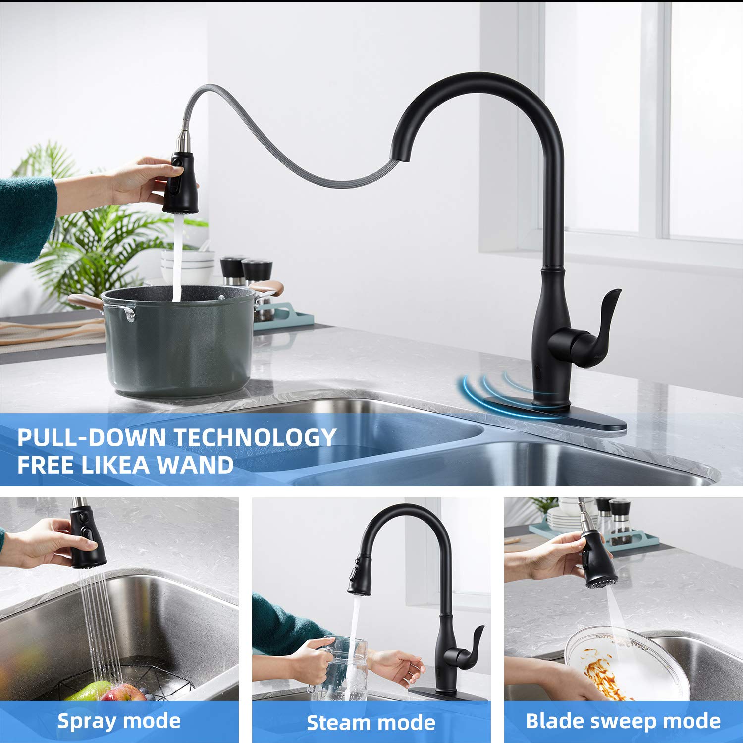 Touchless Kitchen Faucet with Pull Down Sprayer - Motion Sensor Single Handle High Arc Faucet, 360° Swivel & 3 Spray Modes, Matte Black Stainless Steel for Modern Kitchen, Perfect for Cooking, Washing Dishes and Hands-Free Cleaning
