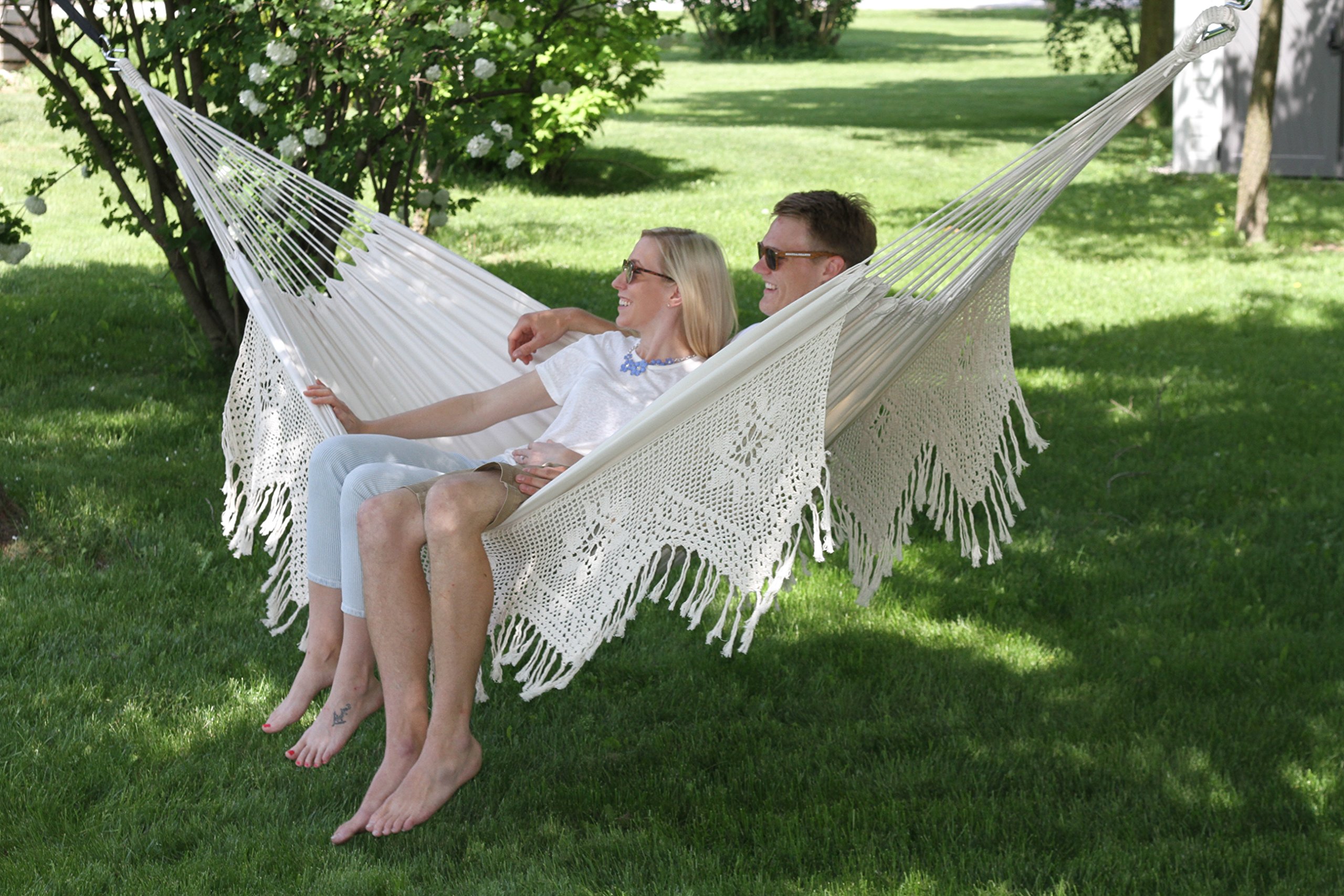 Vivere Double Deluxe Cotton Brazilian Hammock with Fringe - 450 lb Capacity - Perfect for Backyard, Patio, Beach & Camping Relaxation