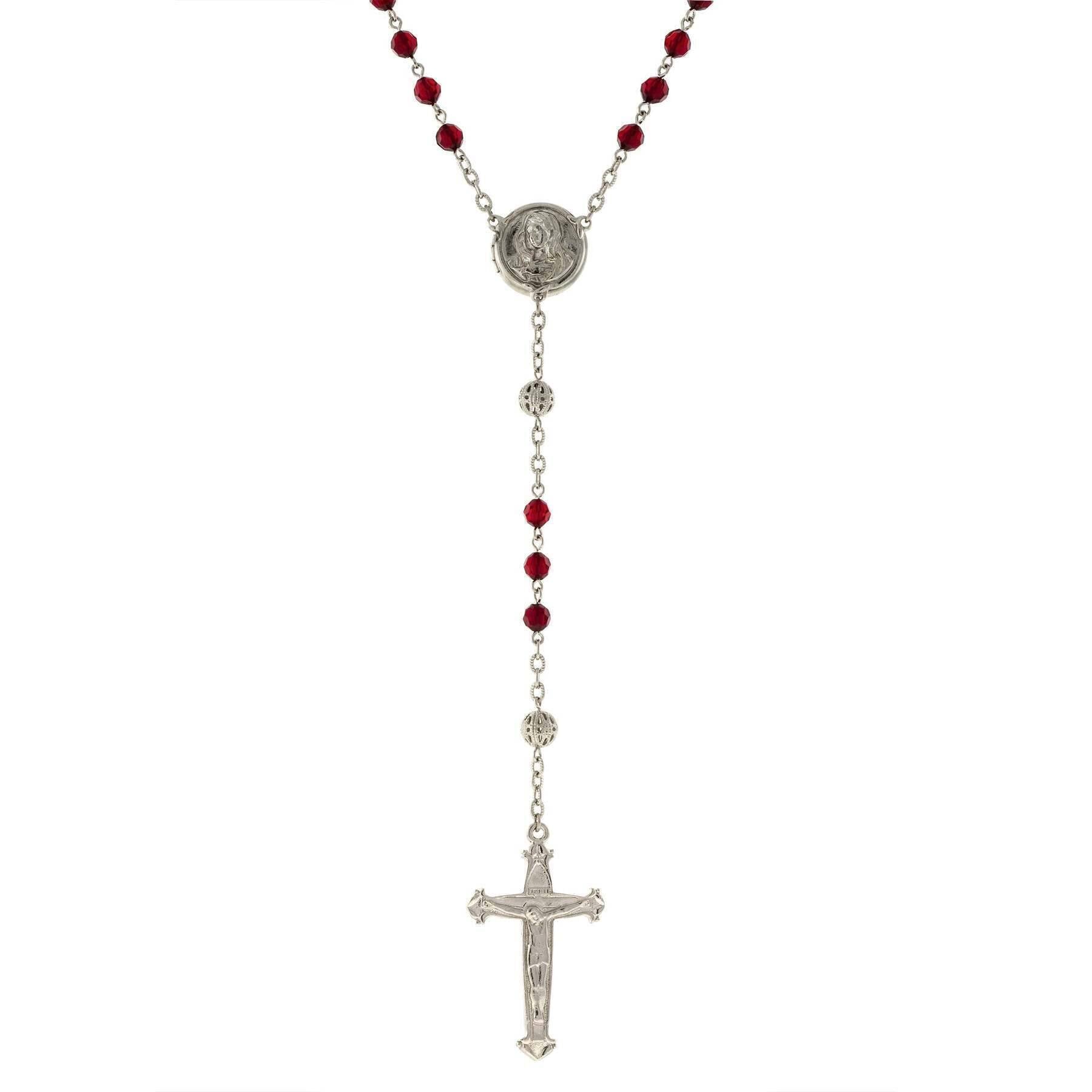 1928 Vintage Beaded Crucifix Necklace with Mary Locket - Catholic Rosary Jewelry for Women - Perfect for Prayer, First Communion & Religious Gifts