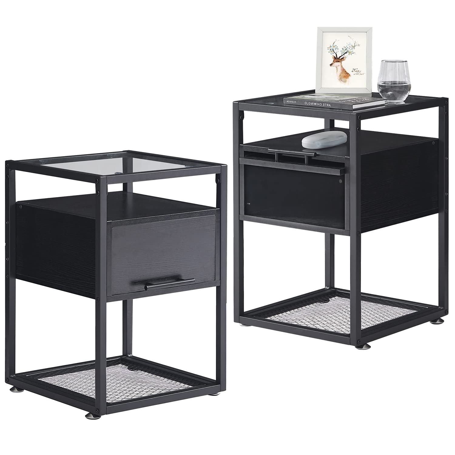 VECELO 2-Pack Black Glass Nightstand with Flip Drawer & Open Shelf - Sturdy Steel Frame End Table for Bedroom & Living Room - Perfect for Small Spaces, Apartment Decor & Modern Home Furniture