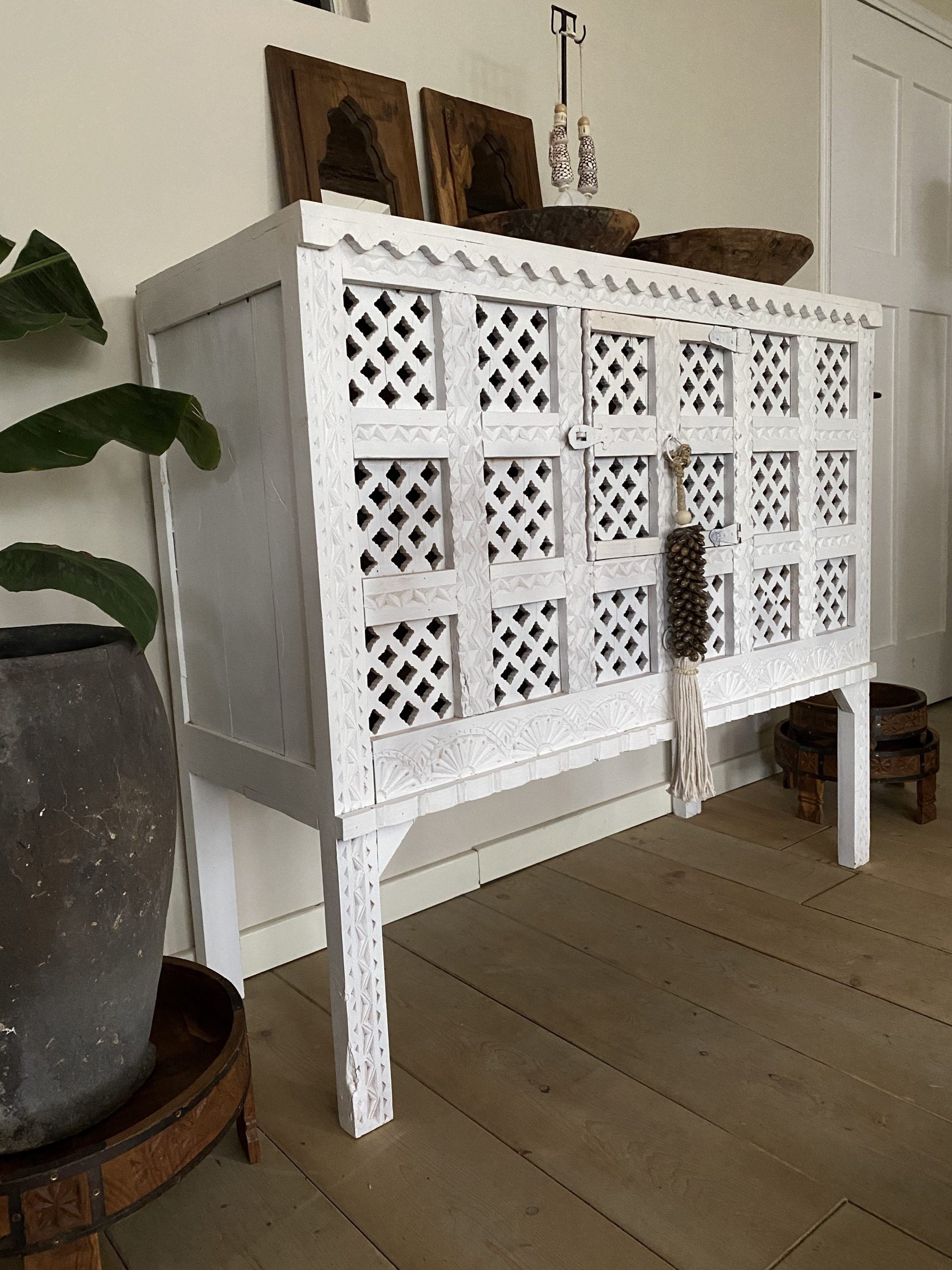 Damchiya Cupboard Djara White Jali 126x48x102 cm - Stylish Storage Cabinet for Living Room, Bedroom & Office Organization