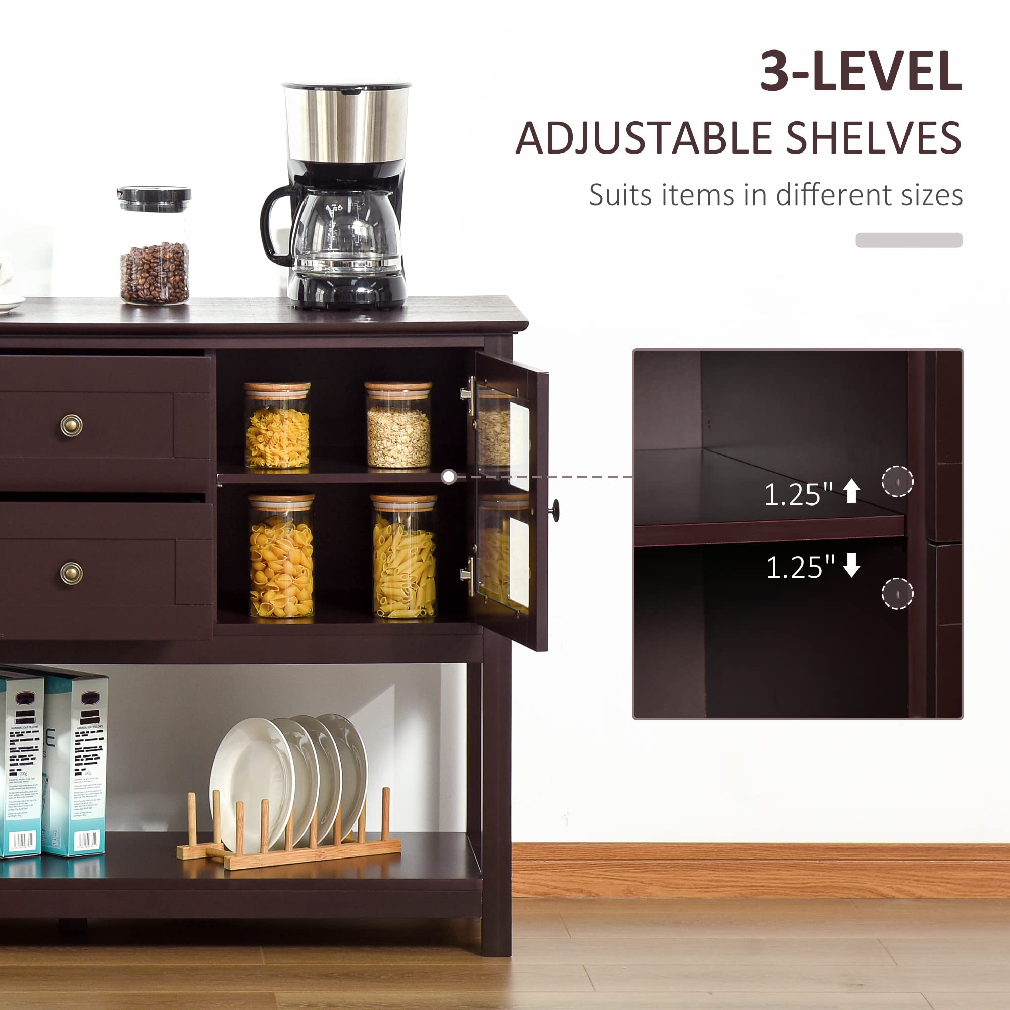 HOMCOM Coffee Bar Cabinet with Adjustable Shelves, Glass Doors & 2 Drawers - Kitchen Buffet Sideboard for Living Room, Espresso Bar & Dining Room Storage