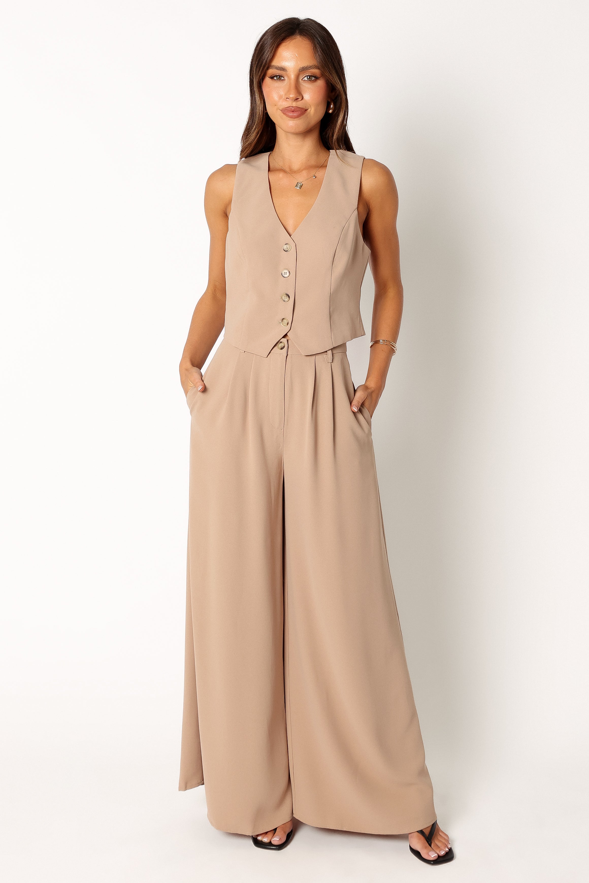 Camille Two Piece Set - Beige Linen Outfit for Women | Casual Summer Outfits & Beach Vacations