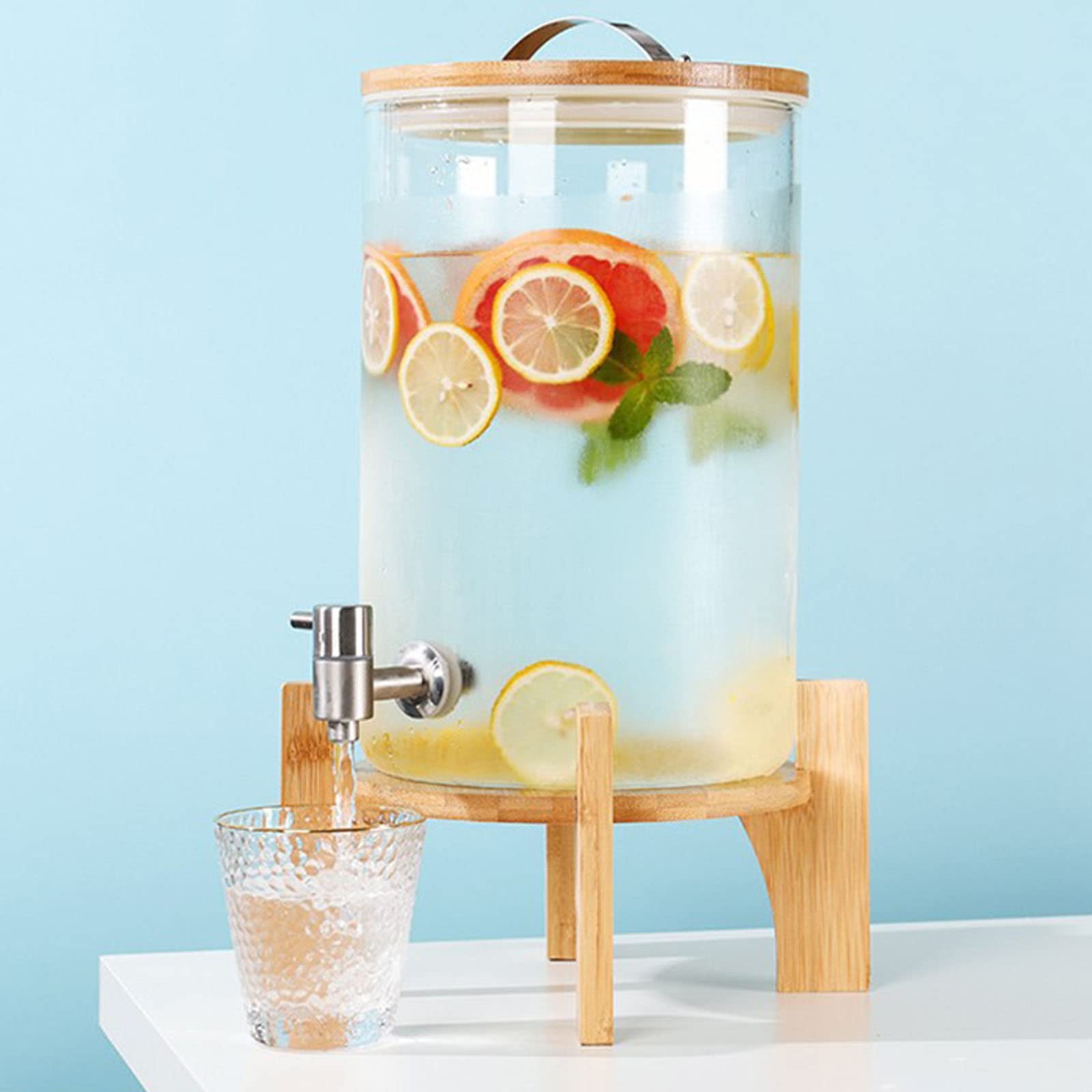 Premium 7.5L Glass Drink Dispenser with Wooden Stand - Stainless Steel Faucet & Airtight Bamboo Lid - Elegant Beverage Dispenser for Parties, Weddings, BBQs & Outdoor Events (20x20cm/8x8inch) - Perfect for Lemonade, Iced Tea & Cocktails