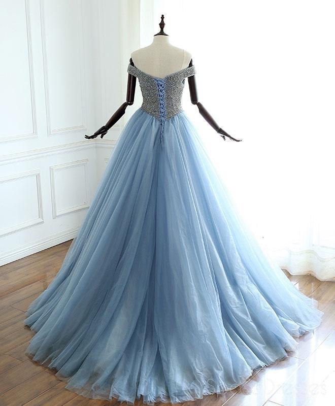 Elegant Off Shoulder Dusty Blue Beaded A-Line Long Evening Prom Dress for Women | Sweet 16 Party Gown | Formal Homecoming Dance Dress | Perfect for Prom Night, Quinceañera & Special Occasions
