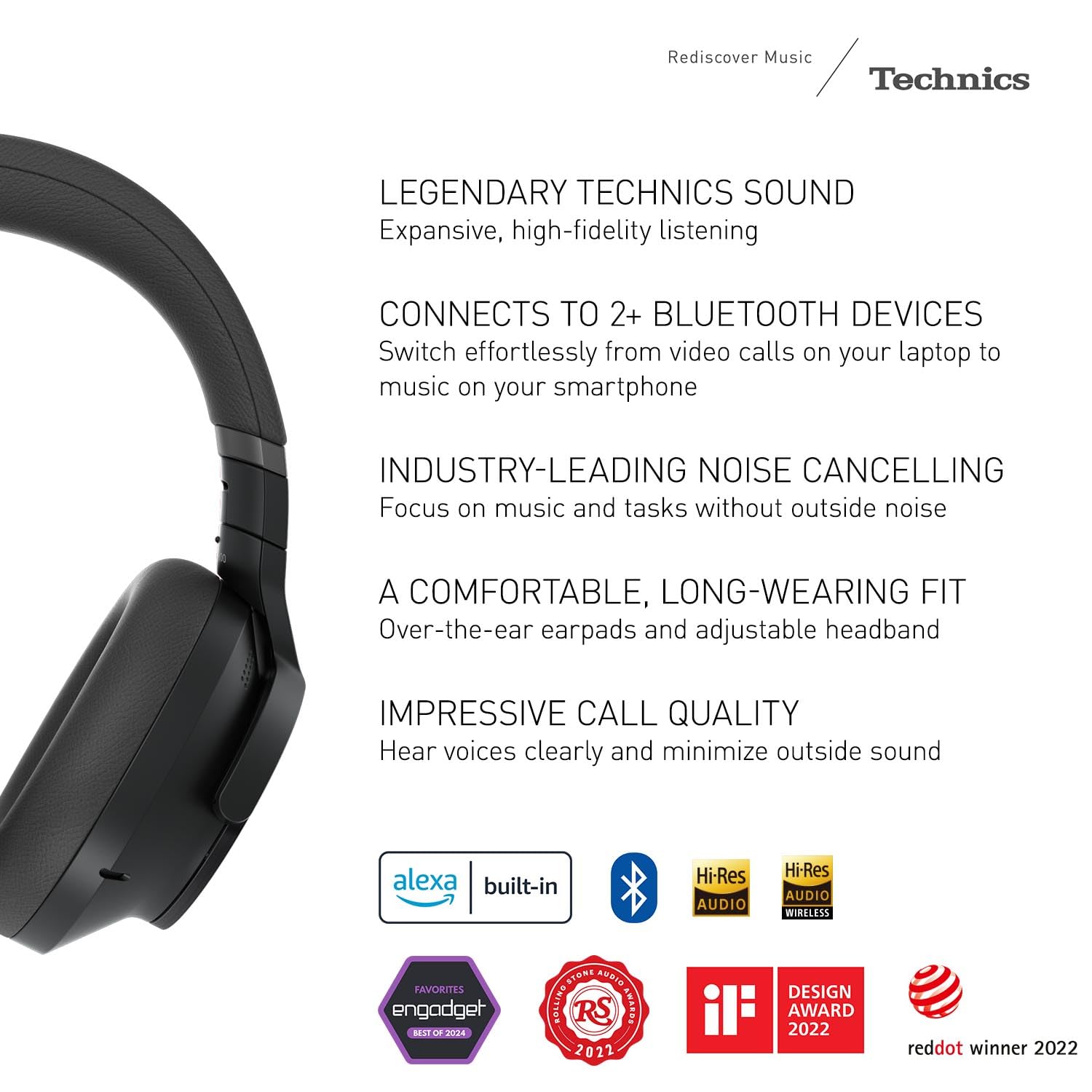 Technics EAHA800EK Premium Noise Cancelling Bluetooth Headphones - 50 Hour Battery Life, Multi-Point Connectivity, Hi-Res Audio, Comfort Fit (Black) - Perfect for Travel, Work & Music Lovers