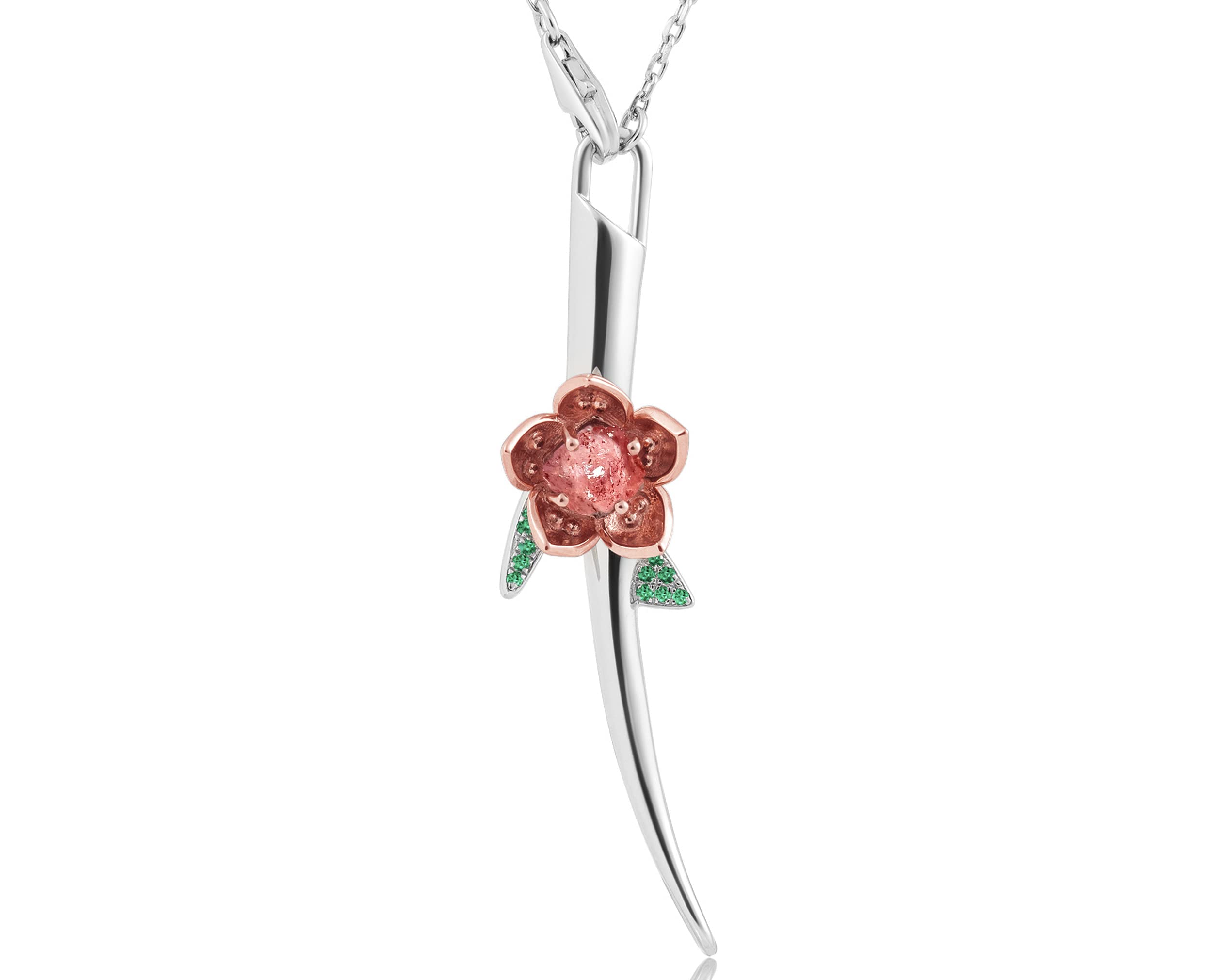 Emerald Floral Pendant Necklace - Silver Tree Branch Necklace - Rose Quartz Sakura Twig Jewelry for Women, Gift for Her, Boho Chic Style, Perfect for Weddings & Special Occasions