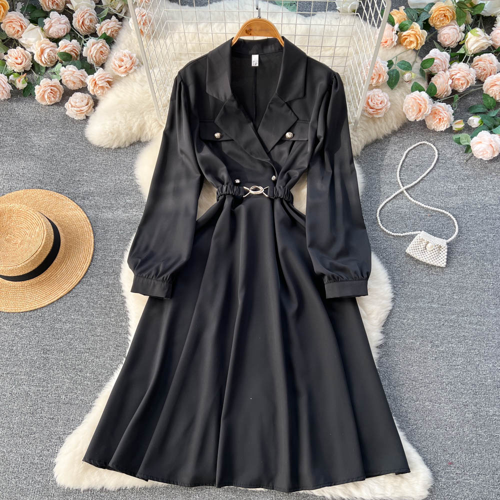 Elegant French Long Sleeve Midi Dress with Suit Collar - Women's Office Wear & Formal Occasion Outfit