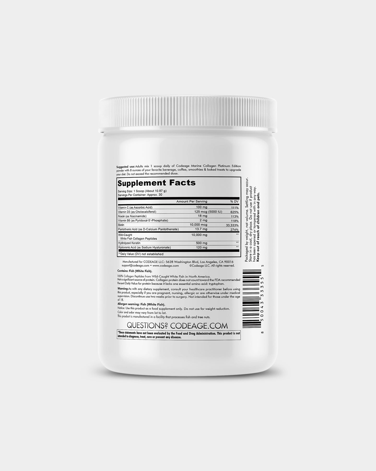 Premium Marine Collagen Peptides Powder by Codeage - Hydrolyzed for Better Absorption, Supports Skin, Hair & Joint Health - Ideal for Smoothies, Coffee & Post-Workout Recovery