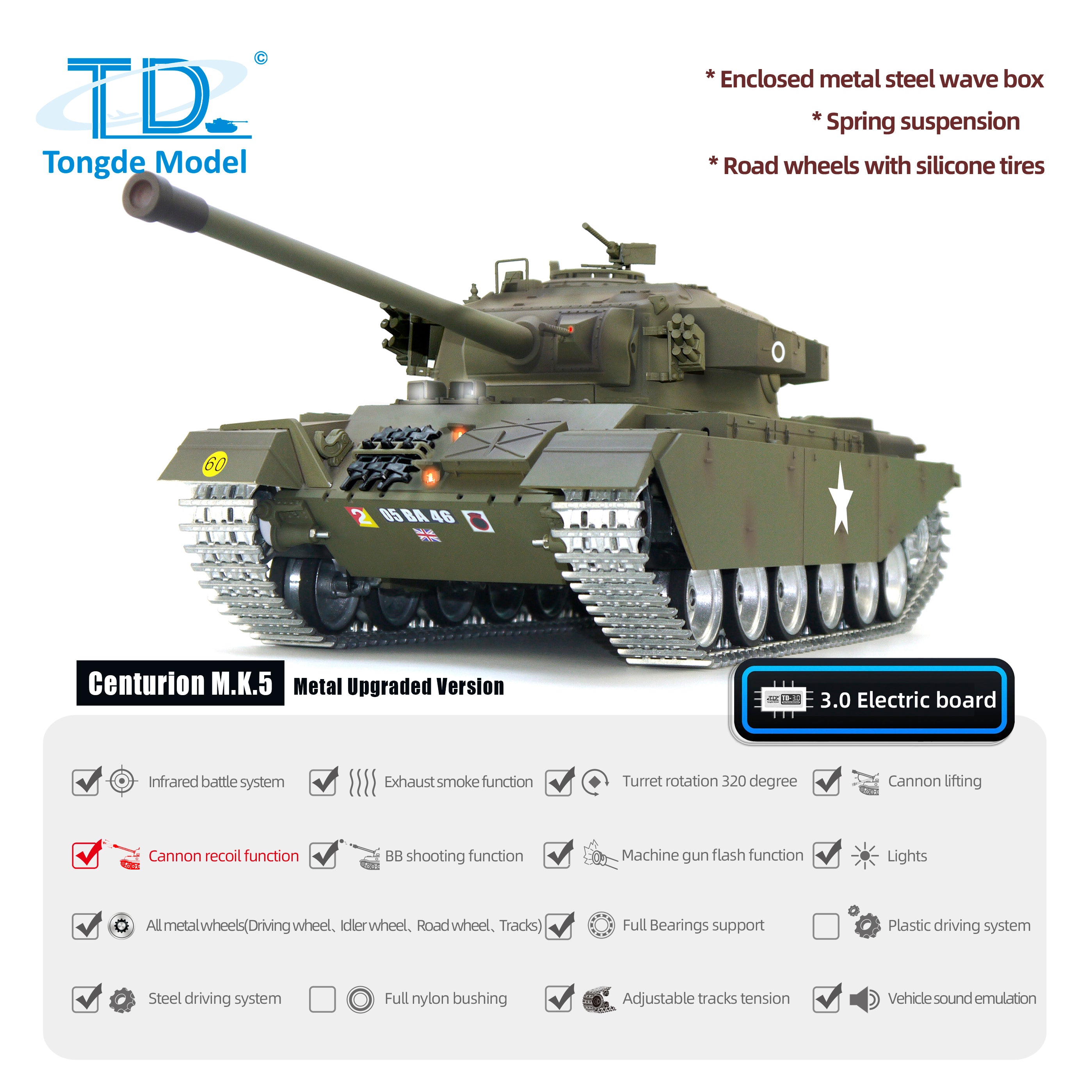 1/16 RC Infrared Battle Tank - Remote Control Panzer Centurion MK5 Electric Toy Tank with BB Shooting & Barrel Recoil - Military Model for Kids & Adults - Perfect for War Games & Collectors Display
