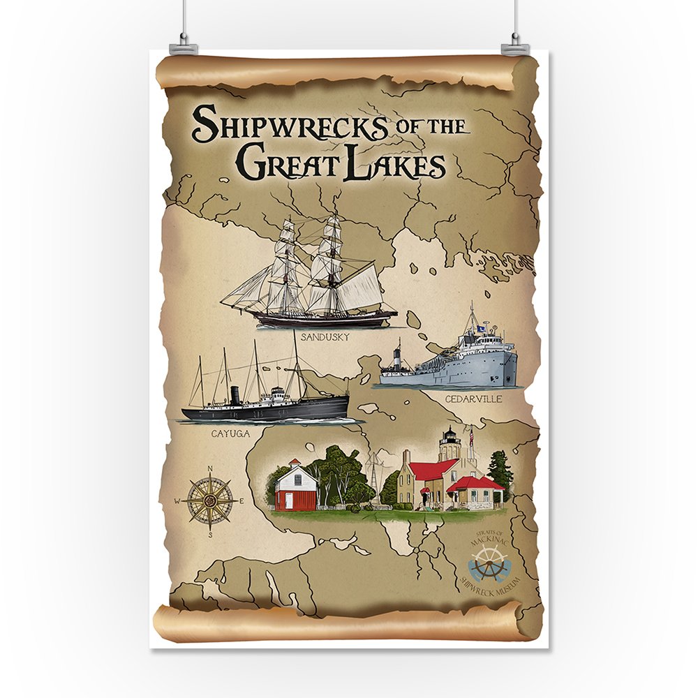 Shipwrecks of the Great Lakes Giclee Art Print - 16x24 Inches Wall Decor Travel Poster - Perfect for Nautical Theme Home Office & Lake House Decor