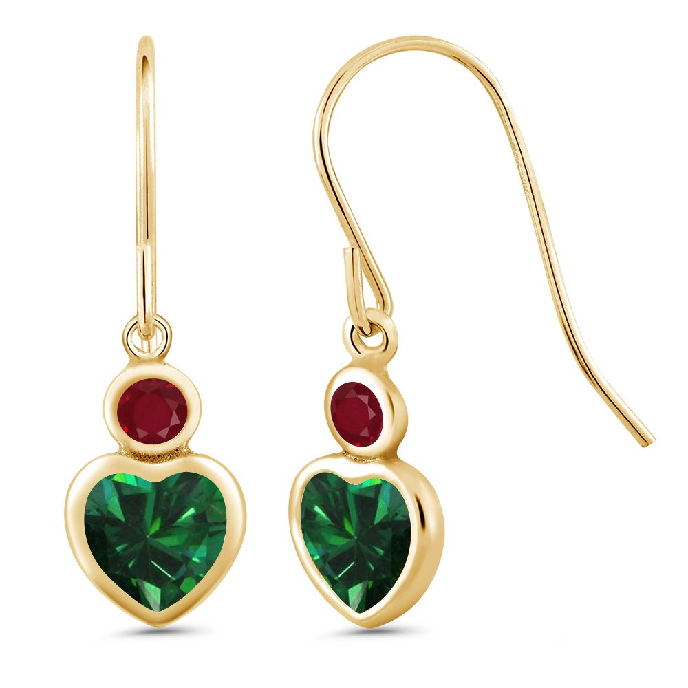 1.14 Ct Heart-Shaped Green Simulated Emerald & Red Ruby 14K Yellow Gold Earrings for Women | Elegant Dangle Drop Earrings for Valentine's Day, Anniversary, Wedding, Party & Special Occasions