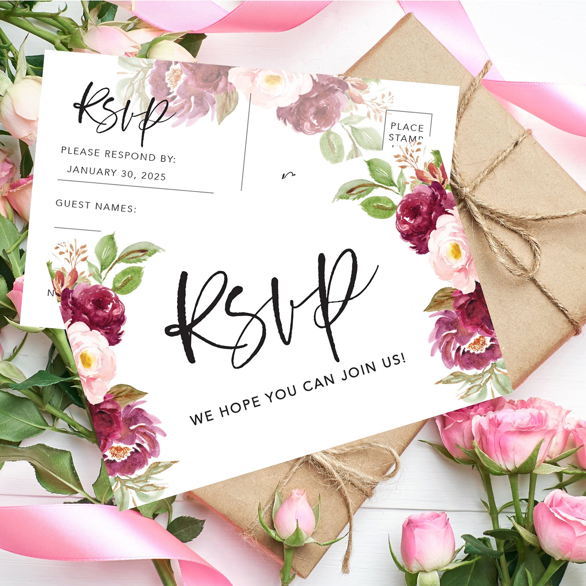 Personalized RSVP Postcards 56-Pack - Wedding, Bridal Shower & Baby Shower Invitations with Custom Date & Return Address - Elegant Pink & Burgundy Roses Design on Premium Cardstock (4