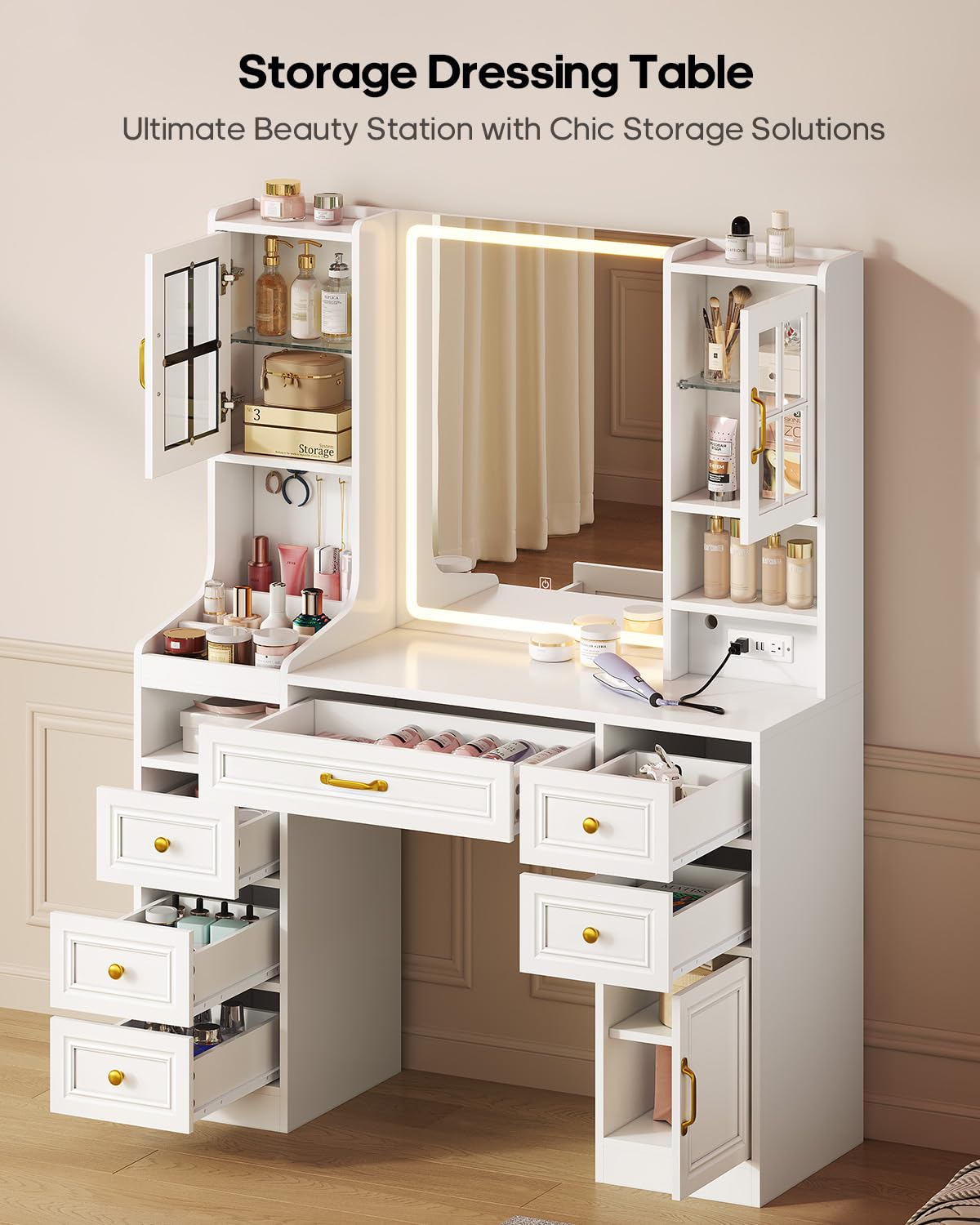 Vanity Desk with Mirror and Lights - Large Makeup Vanity with 6 Drawers, 7 Shelves, 2 RGB Cabinets & Power Outlet | 3 Light Modes, Touch Screen Mirror | Perfect for Women's Bedroom, Dressing Room & Home Decor (White)