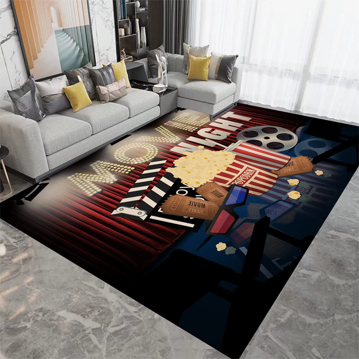 Vintage Home Theater Cinema Art Area Rug - Soft Non-Slip Modern Carpet 6'x8' for Living Room, Bedroom, Dorm & Playroom Decor | Perfect for Movie Nights & Cozy Gatherings