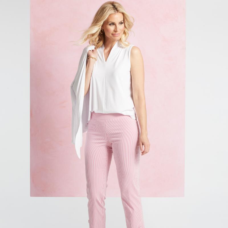 25 Inch High Waisted Crop Pants with Button Detail - Pink & White Striped Casual Trousers for Women, Perfect for Spring Summer Outfits and Office Wear