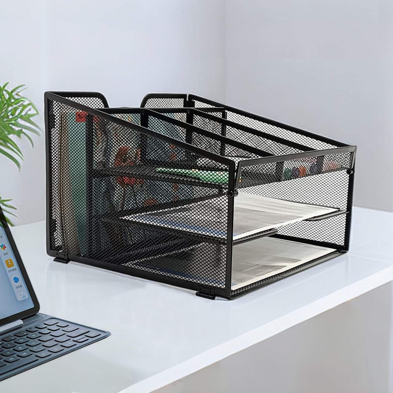 SETTFRFE 2-Tier Mesh Desk Organizer with Pen Holder - Vertical File Organizer for Office, Home & School - Black Metal Paper Tray for Documents, Mail & Stationery Storage