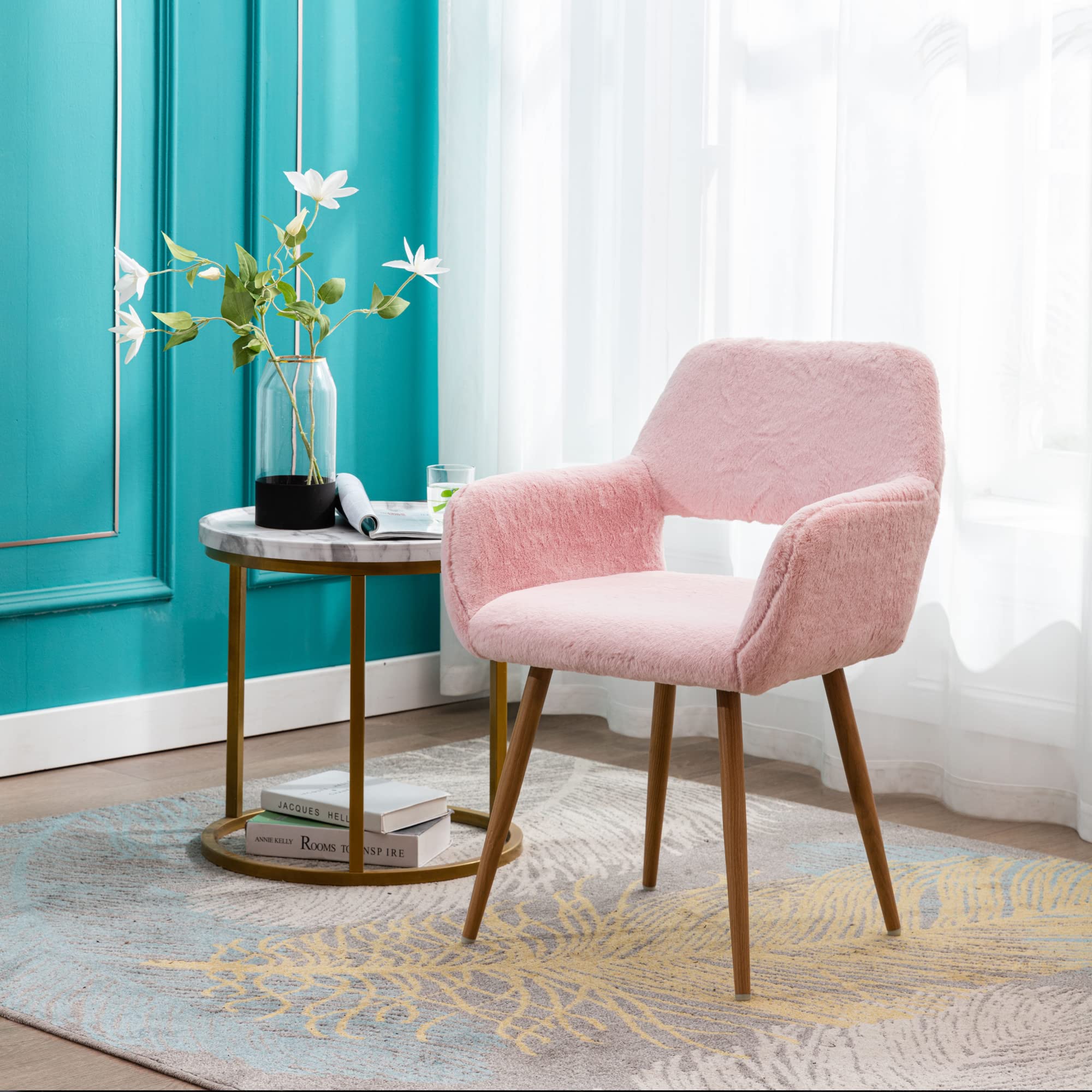 Mid-Century Modern Faux Fur Desk Chair Set of 2 - Pink Accent Armchairs with Wood-Look Metal Legs for Teen Girls, Living Room, Home Office & Vanity Makeup Station - Comfy Non-Rolling Seating for Study, Gaming & Relaxation