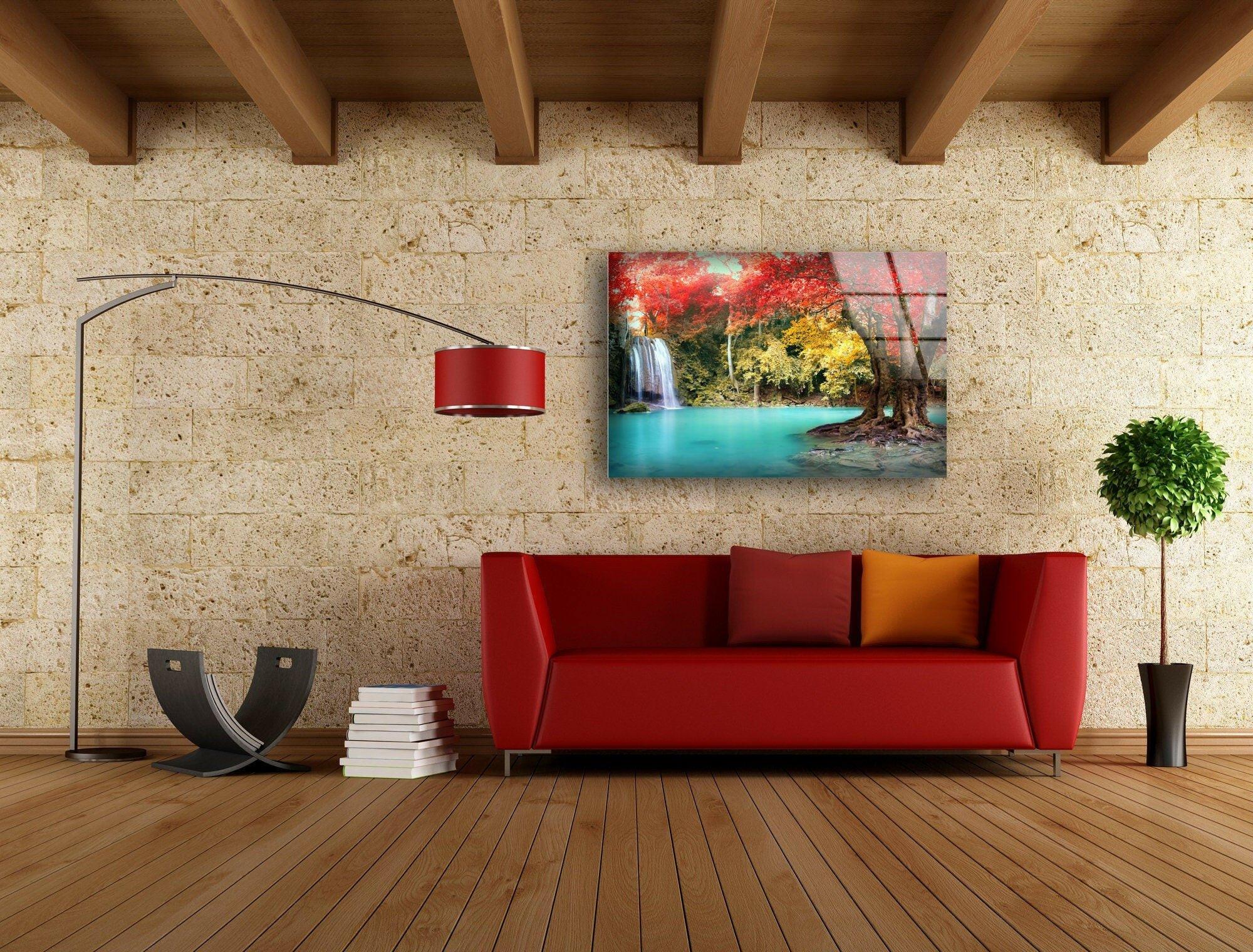 Autumn Forest Waterfall Glass Wall Art - Nature-Inspired Home Decor for Living Room, Bedroom & Office