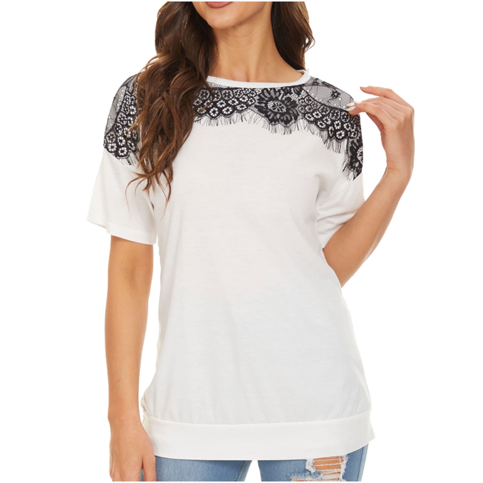Elegant Women's Lace Crochet Floral Patchwork T-Shirt | Summer Short Sleeve Crewneck Blouse | Soft Cotton Basic Tee for Casual Wear, Date Night & Office Outfits