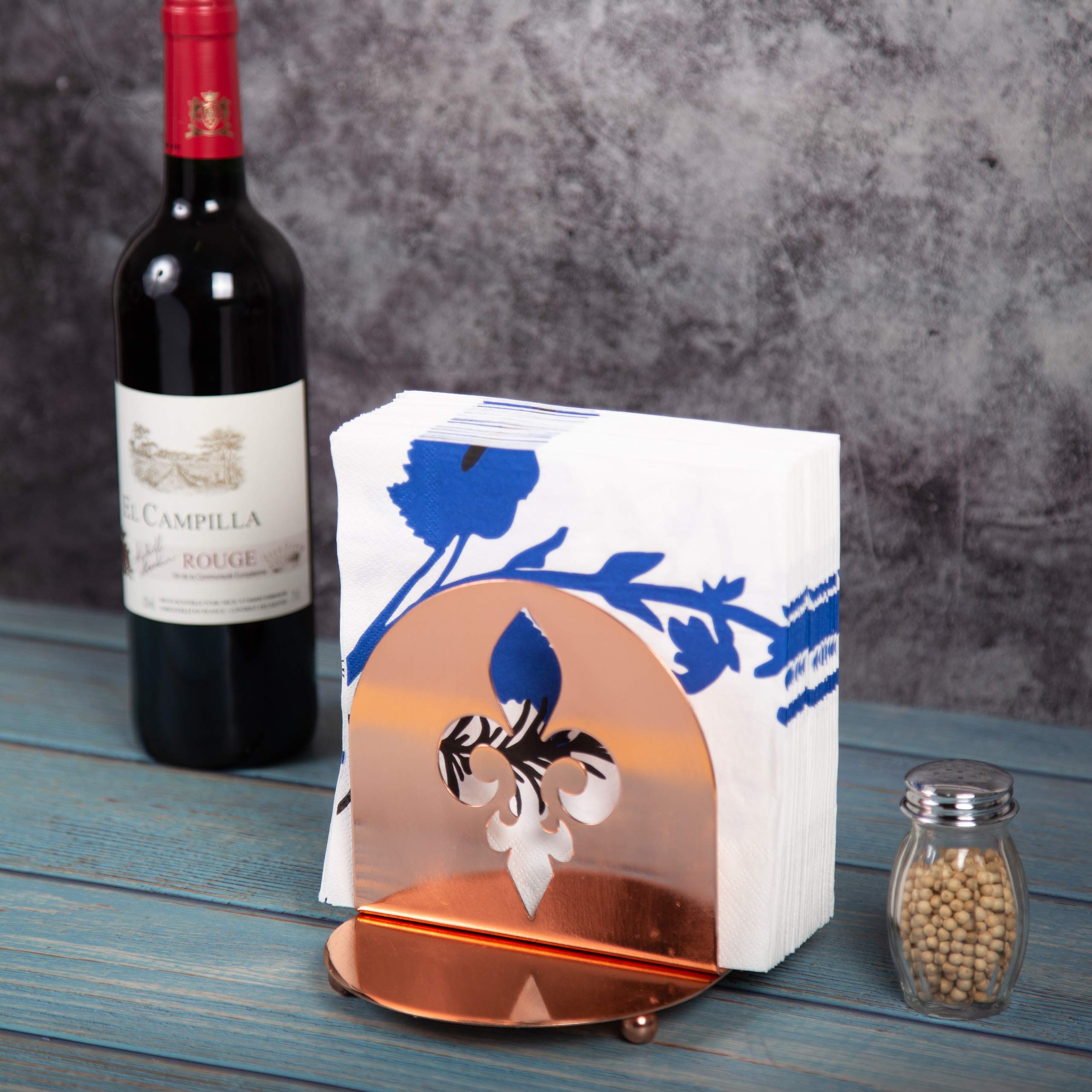 Elegant Copper-Finish Metal Napkin Holder with Fleur De Lis Design - Perfect for Table Setting, Salt & Pepper Shakers, Condiments - Ideal for Dining Room, Kitchen & Party Decor