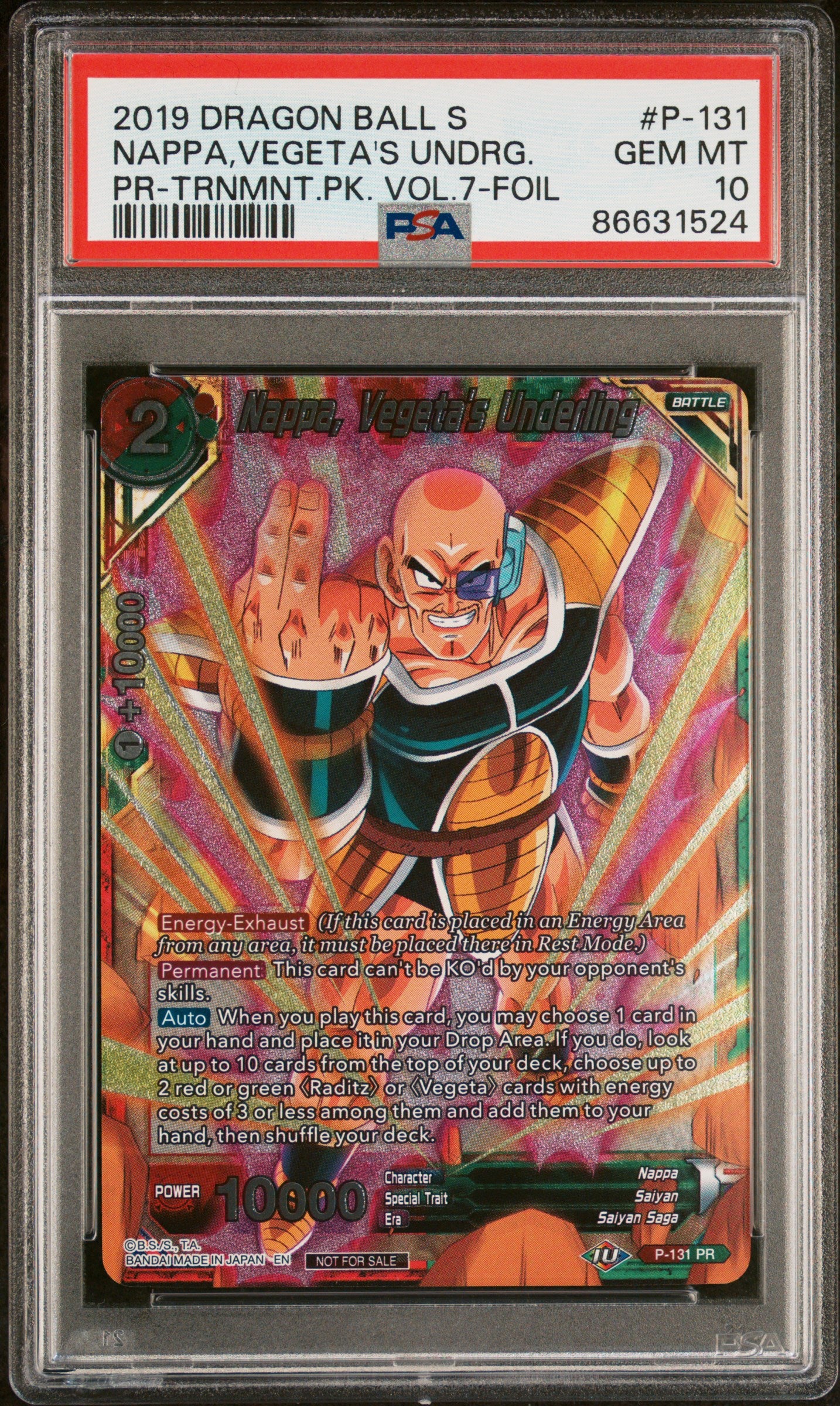 2019 Dragon Ball Super Nappa & Vegeta's Underlings #P131 PSA 10 Graded Trading Card - Perfect for Anime Collectors & Dragon Ball Z Fans Display