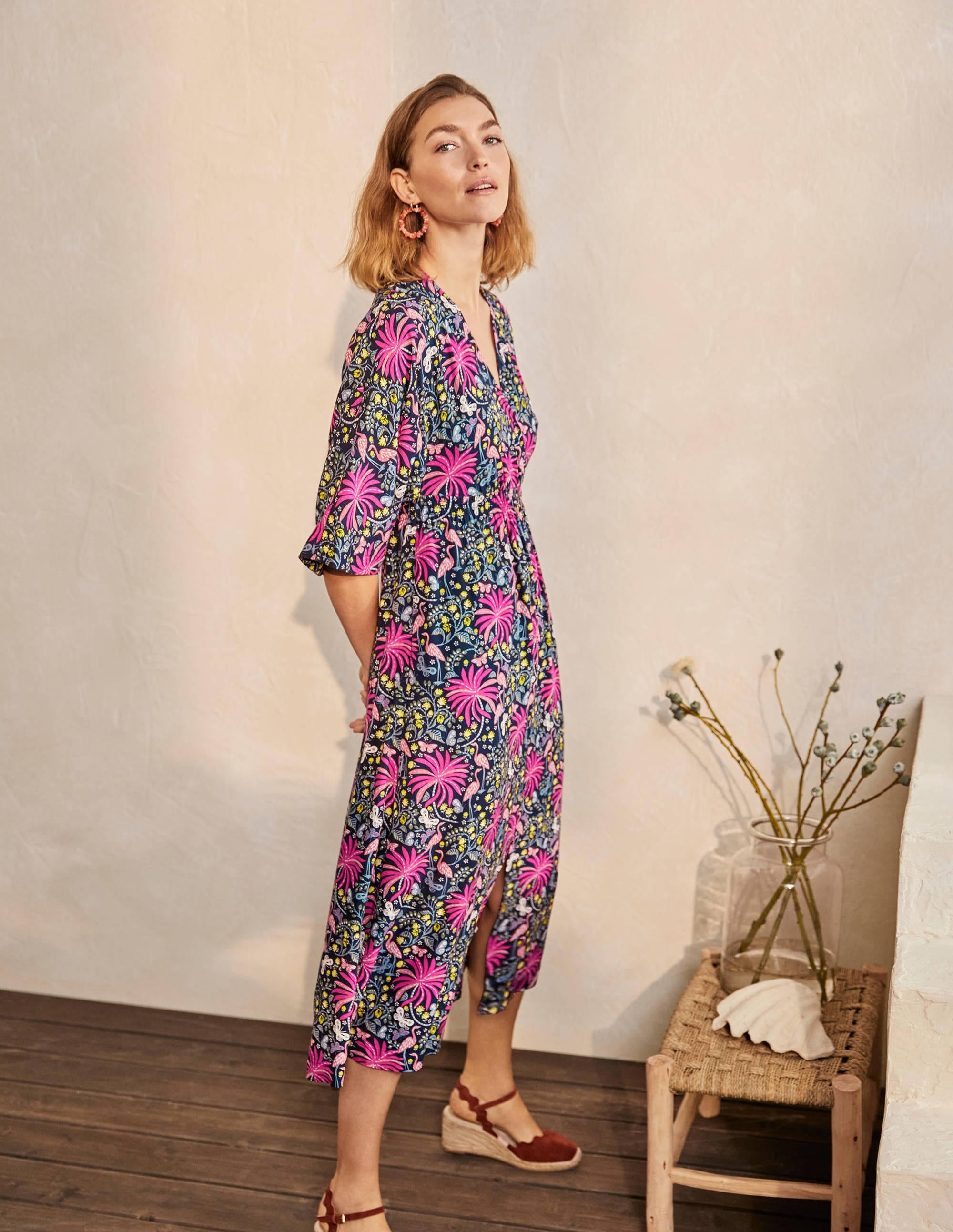 Betsy Midi Dress for Women - Black Floral Tropical Print Summer Dress - Perfect for Beach Vacation, Party & Casual Wear