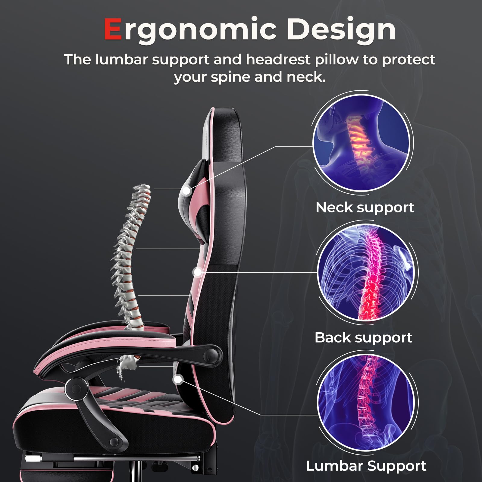 POWERSTONE Ergonomic Gaming Chair with Adjustable Lumbar Support & Footrest - Racing Style PU Leather Computer Desk Chair for Office & Home Gaming - Pink Swivel Task Chair for PC, Console & Streaming Setup
