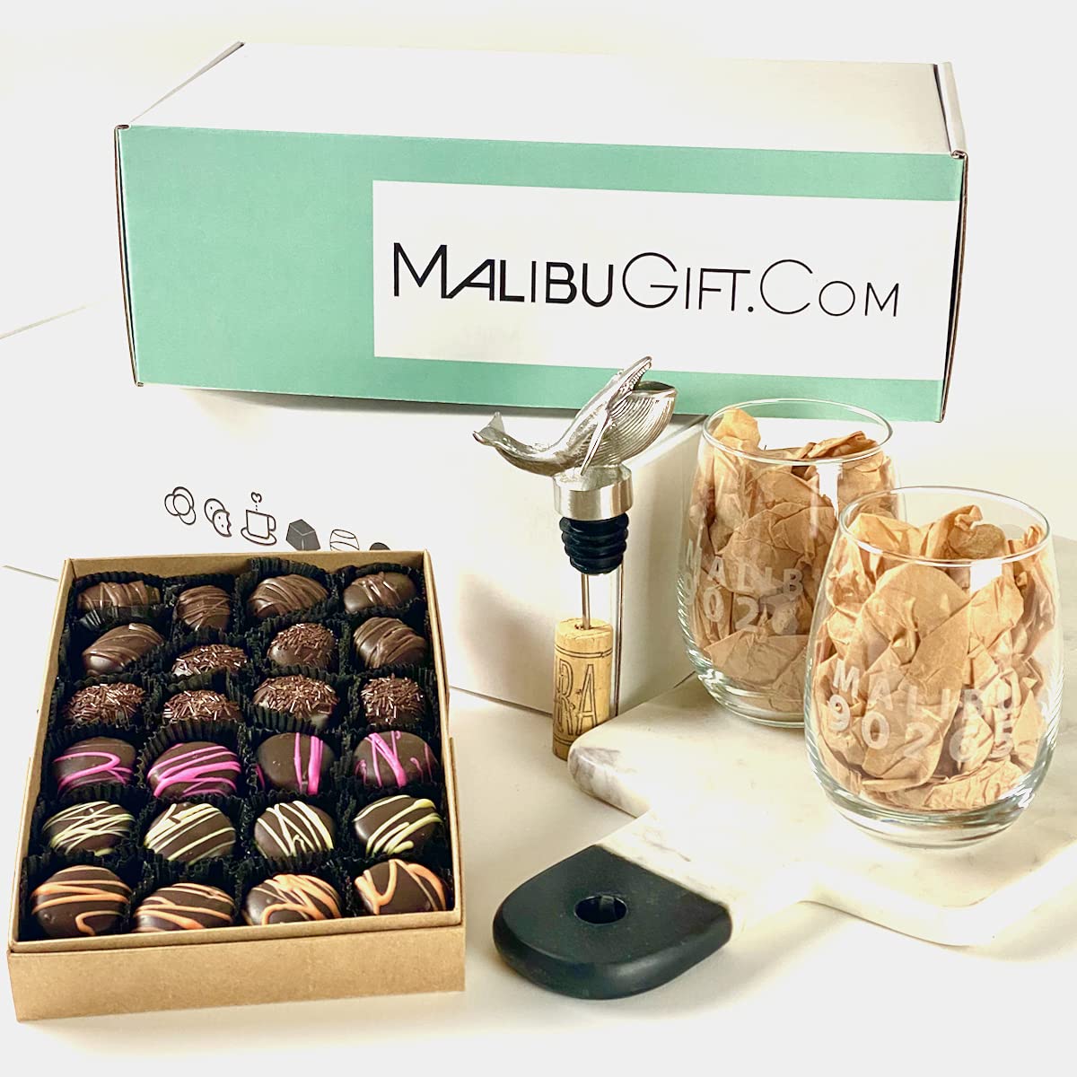 Premium Dark Chocolate Truffles Gift Set with Wine Aerator & Stemless Glasses - 1 lb Gourmet Chocolate Candies, Whale Wine Pourer, 2 Etched Wine Glasses - Perfect for Anniversary Gifts, Valentine's Day, Housewarming & Wine Lovers