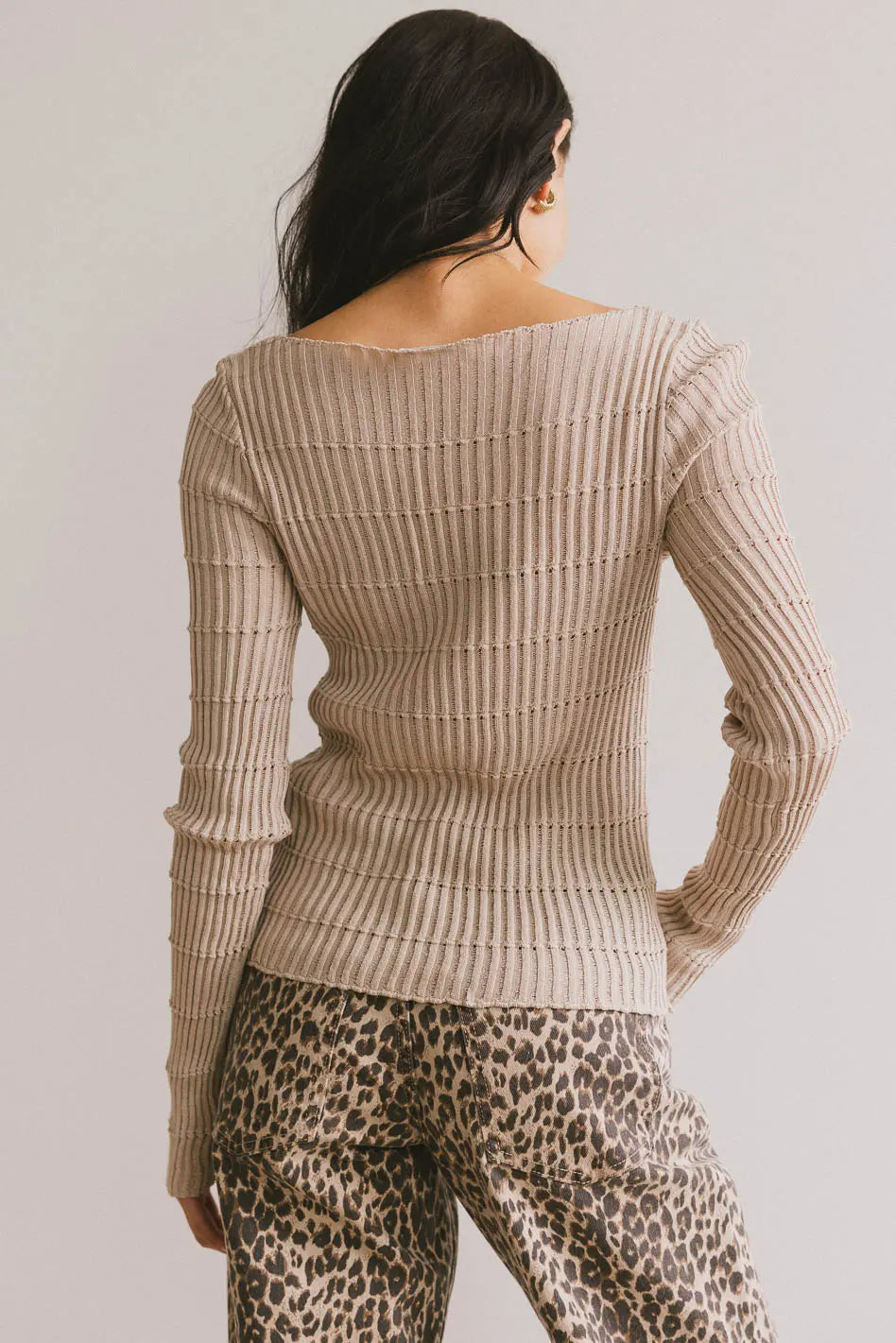 Gemma Sheer Ribbed Top in Tan - Women's Slim Fit Knit Blouse for Casual & Party Wear - FINAL SALE