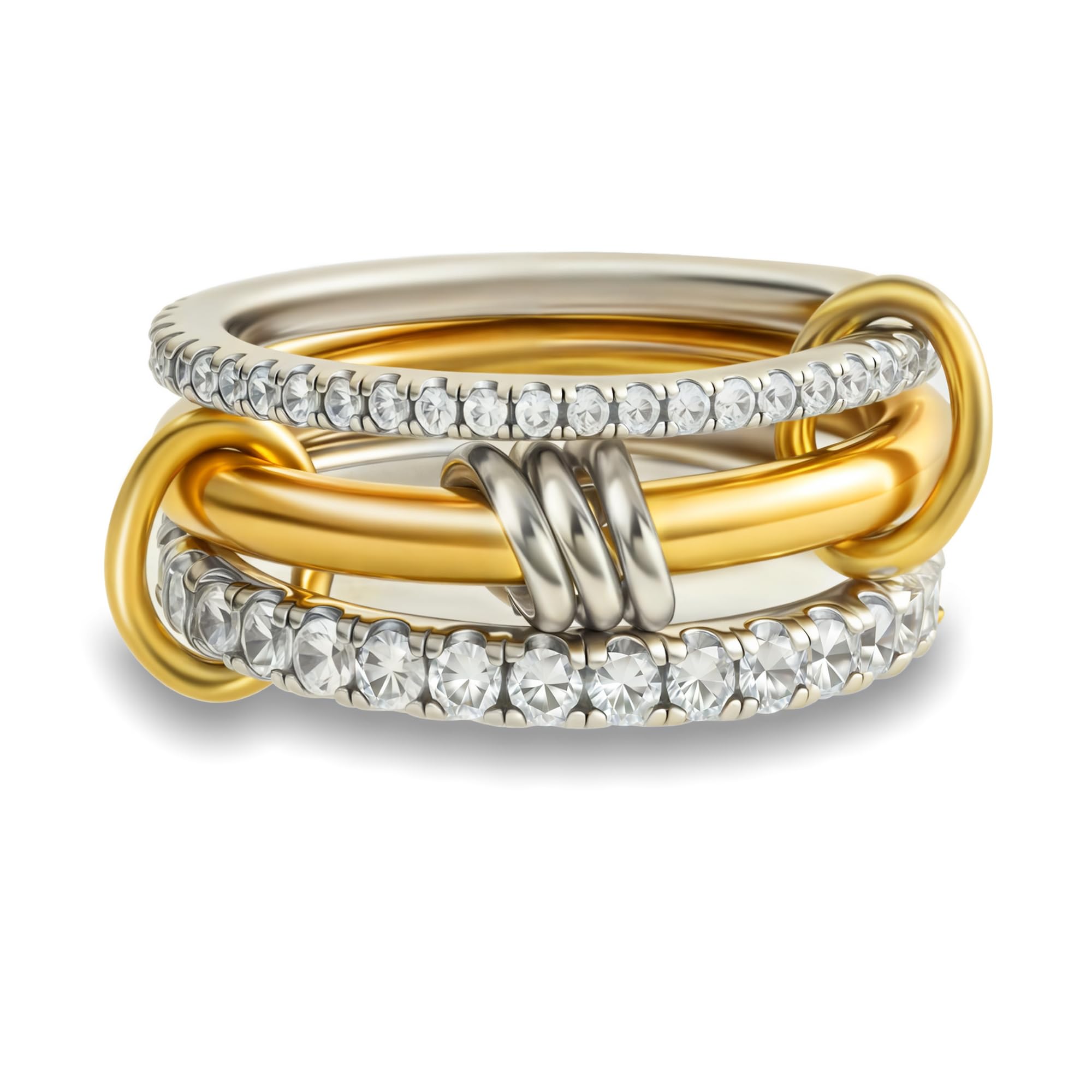 18K Gold Plated Stackable Rings for Women - Non-Tarnish Dainty CZ Cubic Zirconia Rings Set in Silver & Gold | Multi-Link Connected Rings for Everyday Wear, Gift Giving & Special Occasions