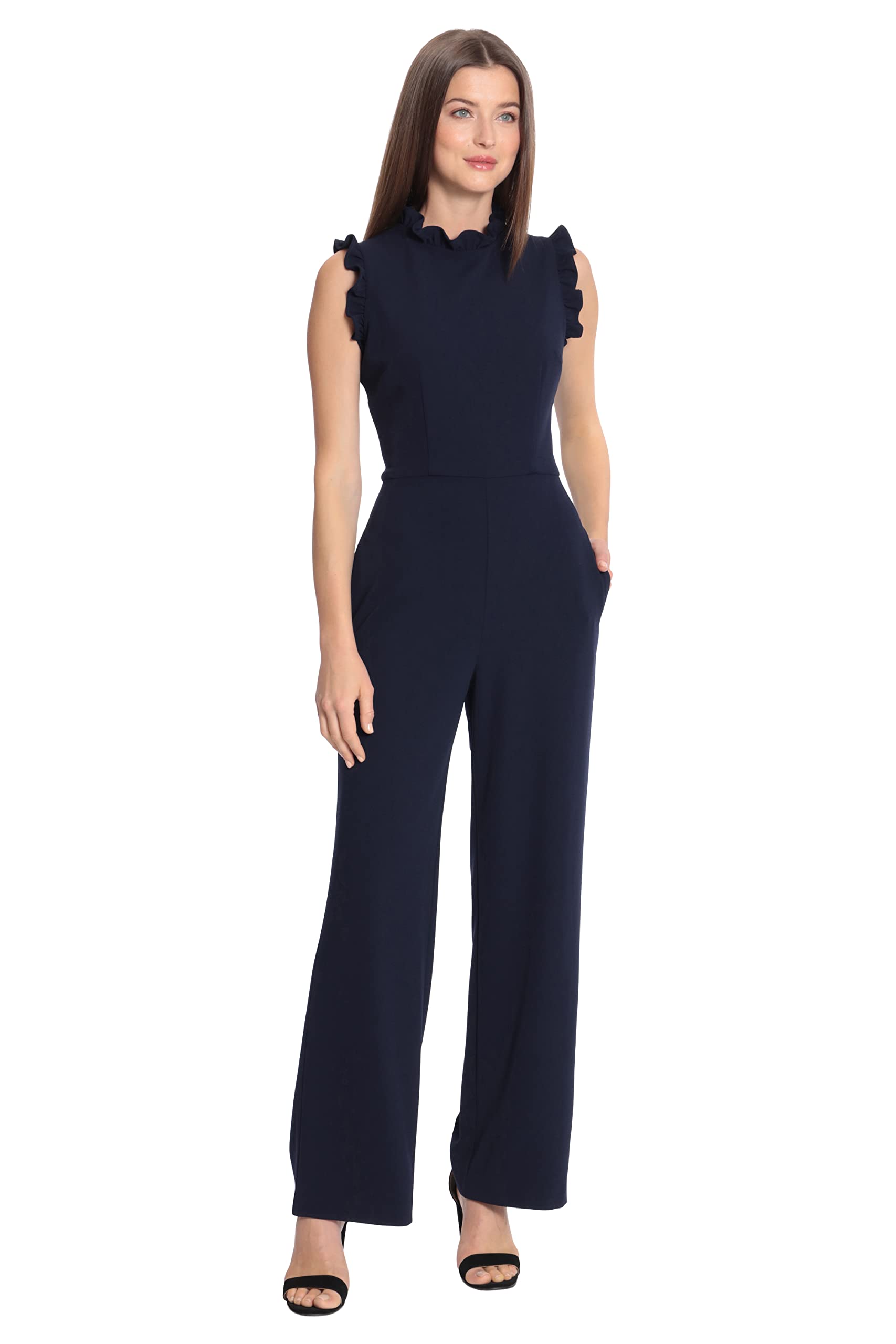 Maggy London Women's High Neck Ruffle Detail Jumpsuit - Elegant Office Workwear & Special Occasion Outfit for Wedding Guest, Party, and Business Events