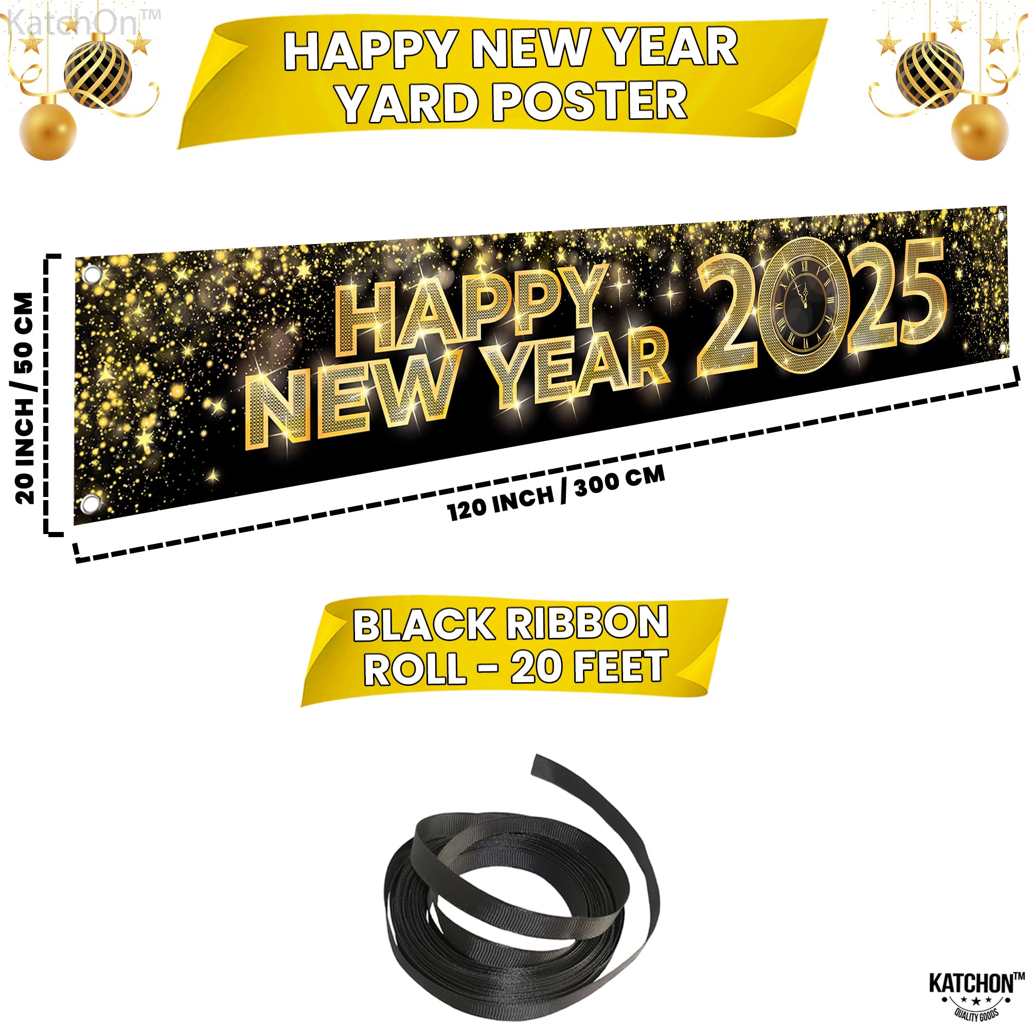 KatchOn 2025 Happy New Year Banner - 120x20 Inch Large Outdoor Yard Sign | New Year's Eve Party Decorations & NYE Party Supplies 2025 | Perfect for Front Yard Decor, New Year Countdown Events & Holiday Home Decoration