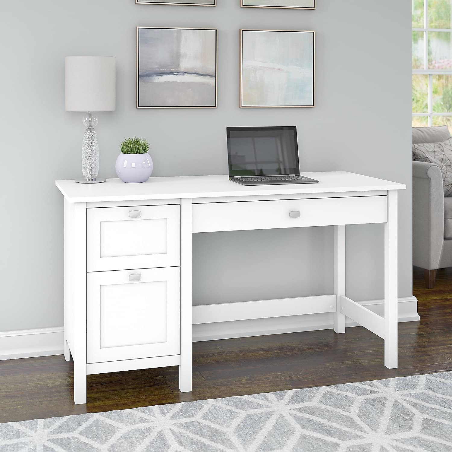 Bush Furniture Broadview 54-Inch Wide Computer Desk with 2 Drawers, Pure White - Home Office Desk for Small Spaces, Study & Workstation Setup