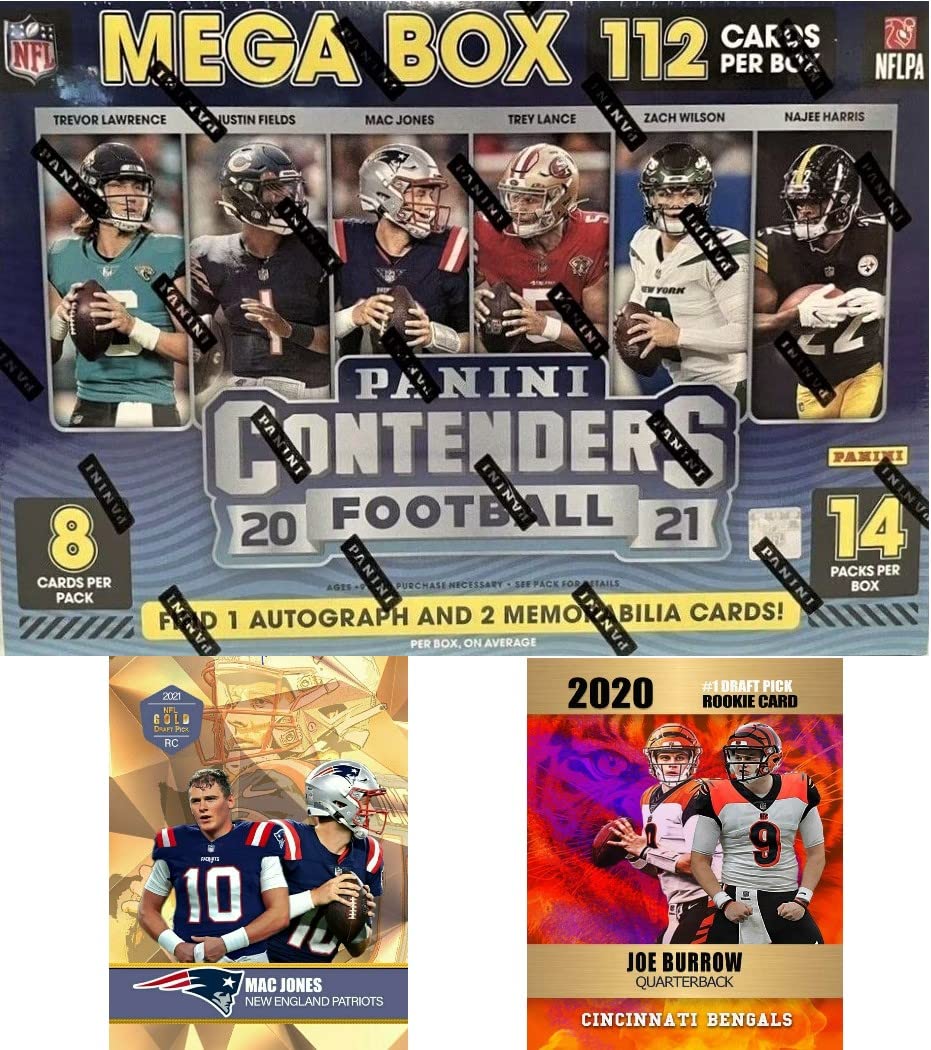 2021 Panini Contenders Football Mega Box - Factory Sealed 112 Cards with 1 Autograph & 2 Jersey Cards Per Box (Includes Custom Burrow & Mac Jones Cards) - Perfect for NFL Collectors, Fantasy Football Fans & Sports Memorabilia Enthusiasts