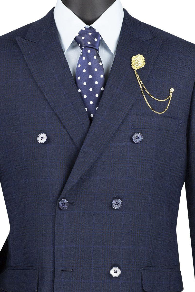 Premium 2-Piece Navy Double Breasted Windowpane Suit for Men - Formal Business Attire & Wedding Outfit | DRW 2 | Perfect for Office Meetings, Job Interviews & Special Occasions