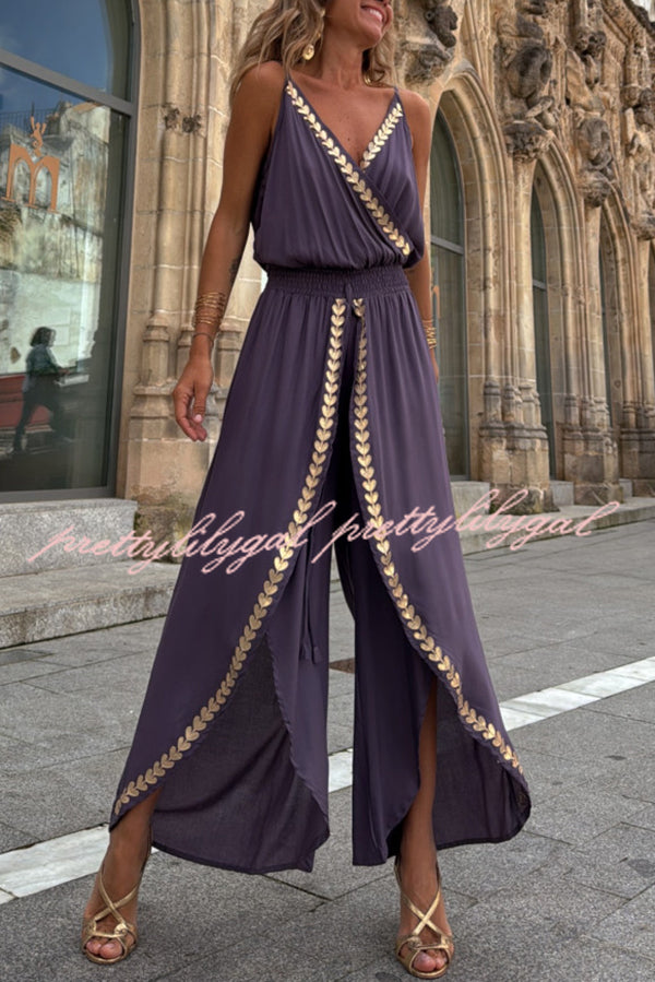 Tamia Gold Trim Elastic Waist Slit Wide Leg Slip Jumpsuit for Women - Comfortable & Stylish Lounge & Evening Wear - Perfect for Parties, Date Nights & Special Occasions