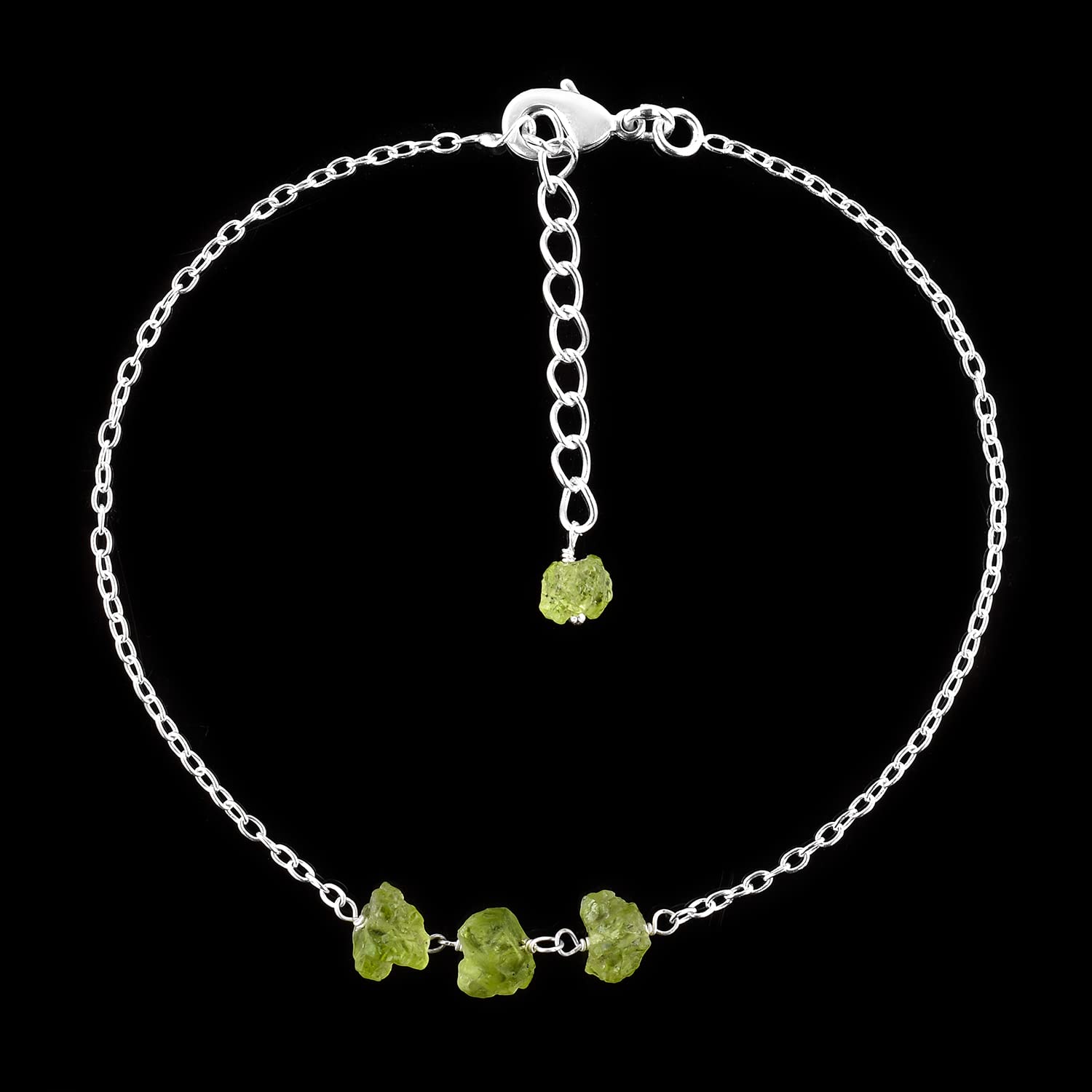 YANARA Raw Green Peridot Gemstone Dainty Anklet - 9+1.5 Inch Adjustable Ankle Bracelet for Women, Natural Rough Crystal Healing Jewelry, Silver Plated Boho Chic Anklet | Perfect for Yoga, Meditation, Energy Healing & Everyday Boho Fashion
