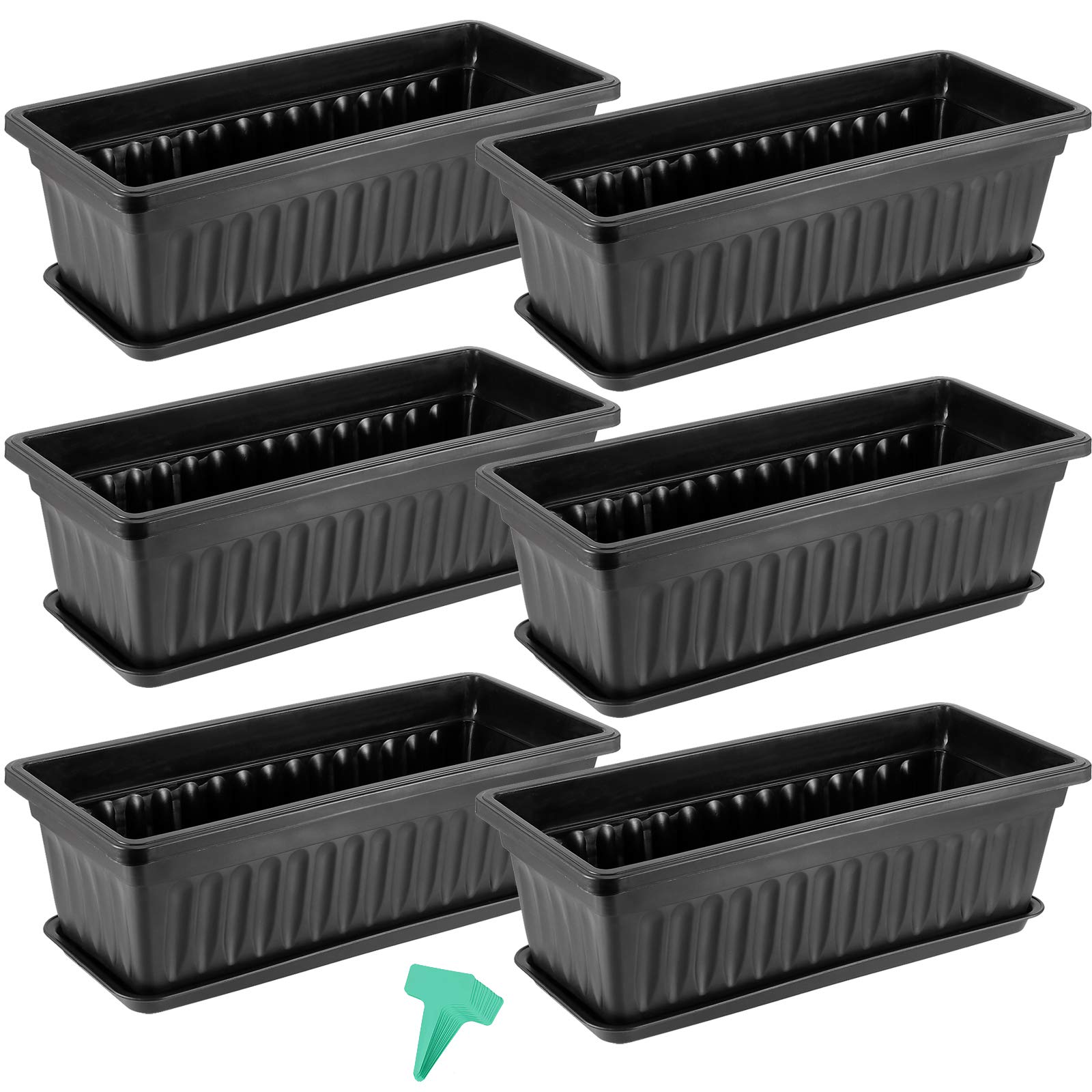 6 Pack 17 Inch Plastic Flower Window Box with Drainage Tray - Black Garden Planter for Vegetables, Herbs & Flowers - Ideal for Windowsill, Patio, Balcony & Porch Decor - Includes 30 Free Plant Labels (Outdoor/Indoor Use)