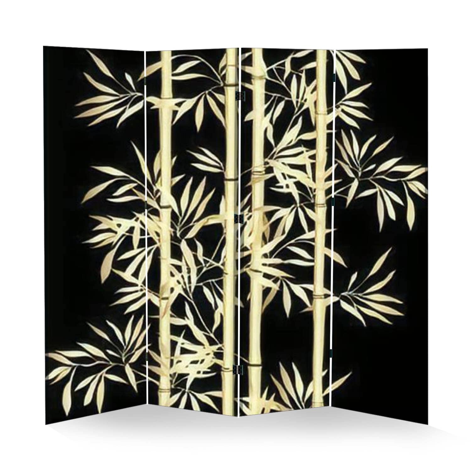 4 Panel Folding Room Divider - Gold Floral Pattern on Black Canvas, Freestanding Privacy Screen for Home/Office/Studio, Portable Wall Separator for Bedroom, Living Room, and Event Spaces