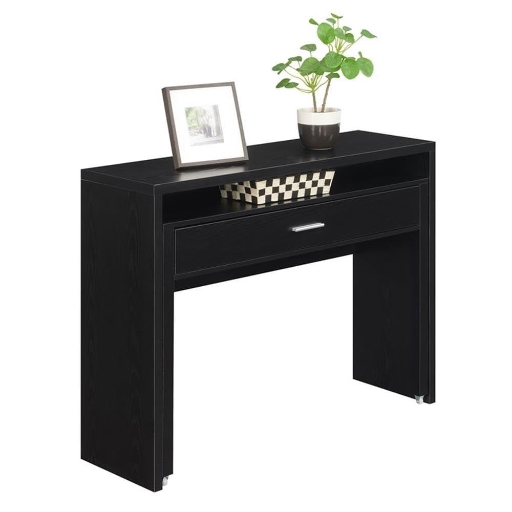Modern Black Wood Console Desk with Sliding Drawer & Riser - Stylish Home Office & Living Room Furniture for Workspace Organization