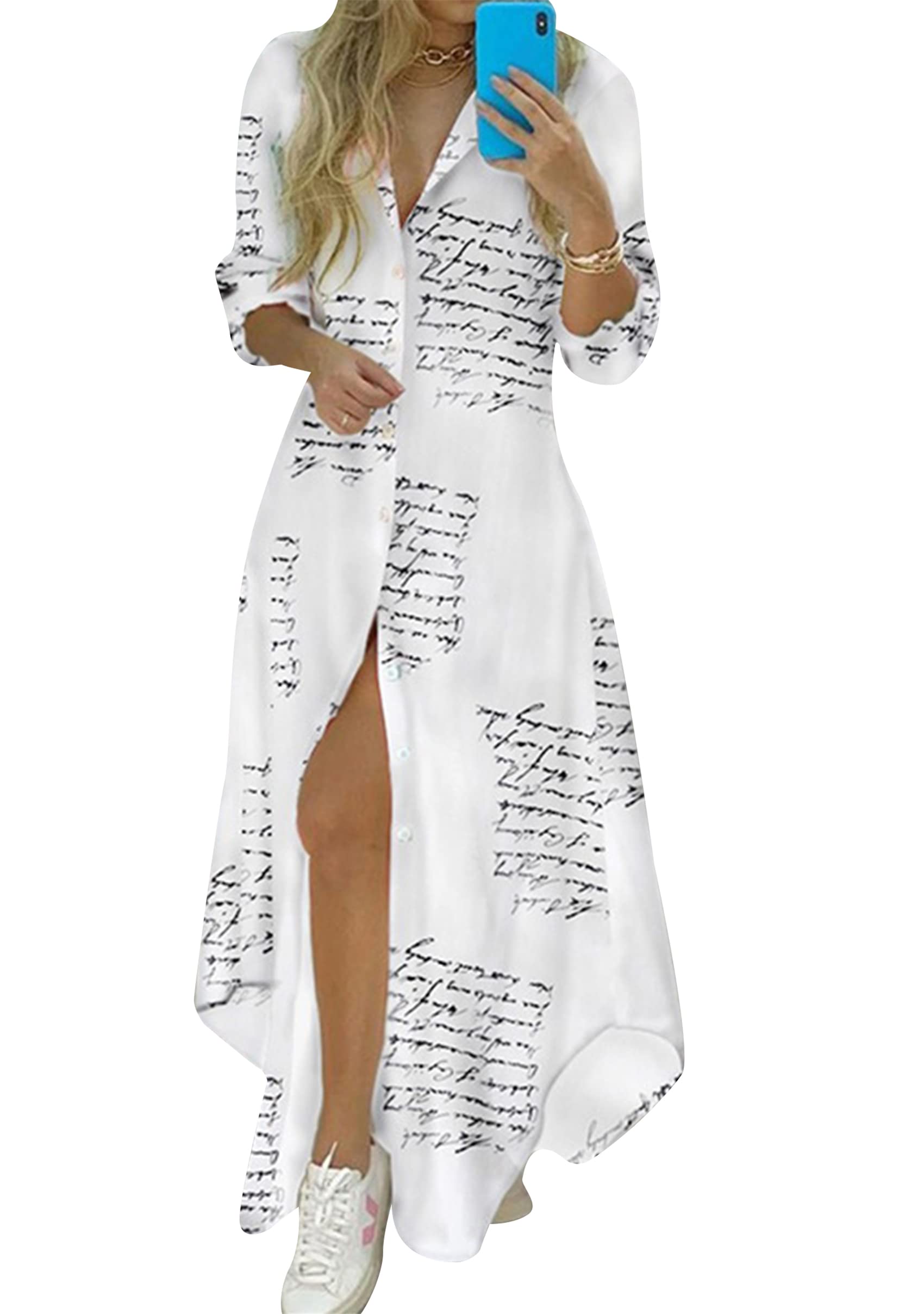 YMING Women's Floral Print Long Sleeve Button Down Shirt Dress - Casual Loose Fit Maxi Dress with Side Split | Perfect for Office, Date Night & Spring Outfits
